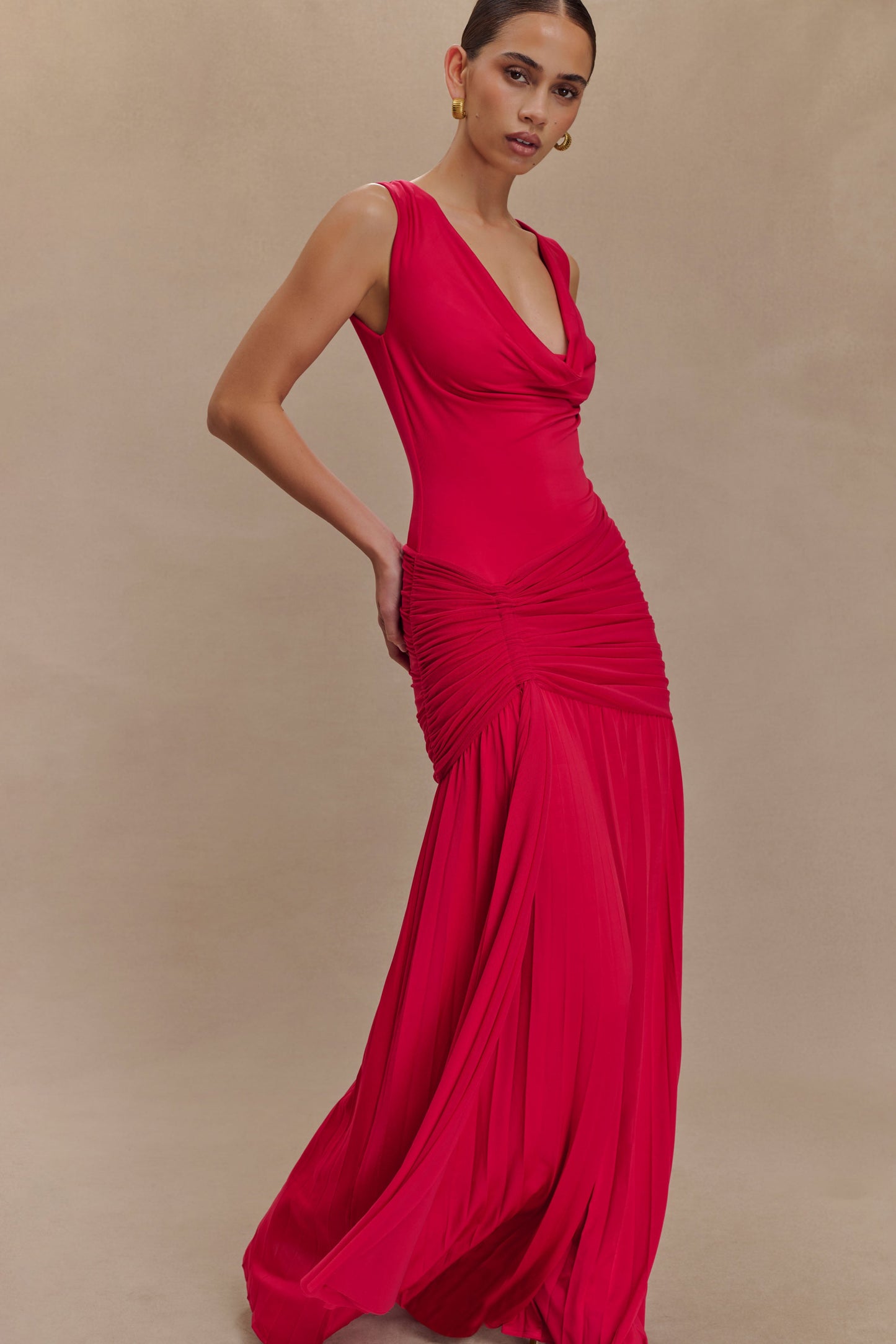 Dania Cowl Neck Slinky Maxi Dress - Fuchsia Pink