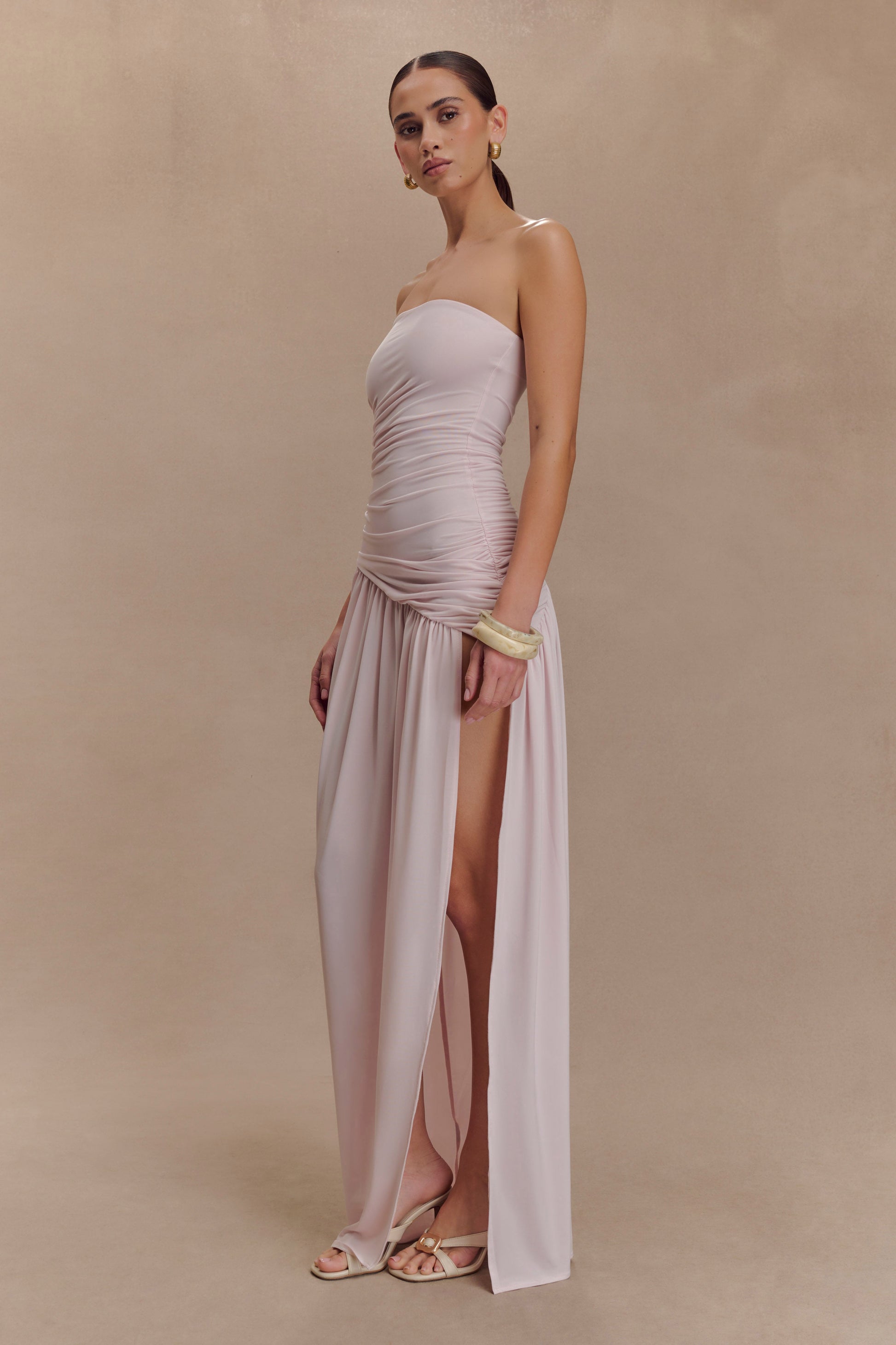 Bex Strapless Slinky Maxi Dress With Split - Pale Pink #4
