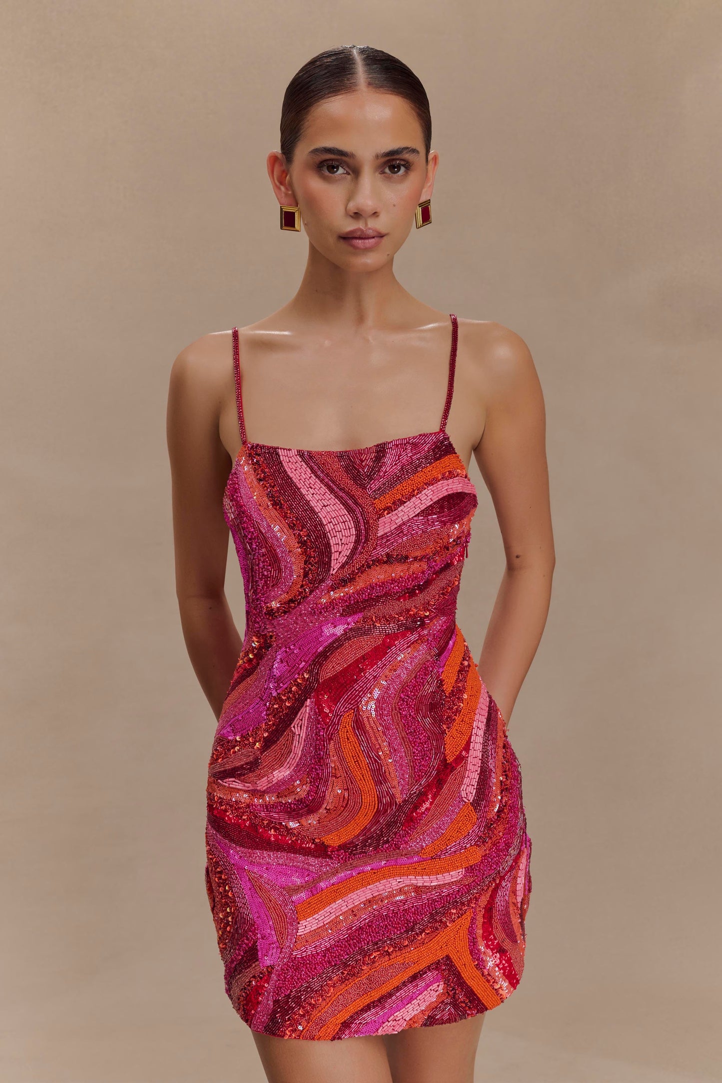 Eloise Hand Beaded Mini Dress - Pink Swirl Print