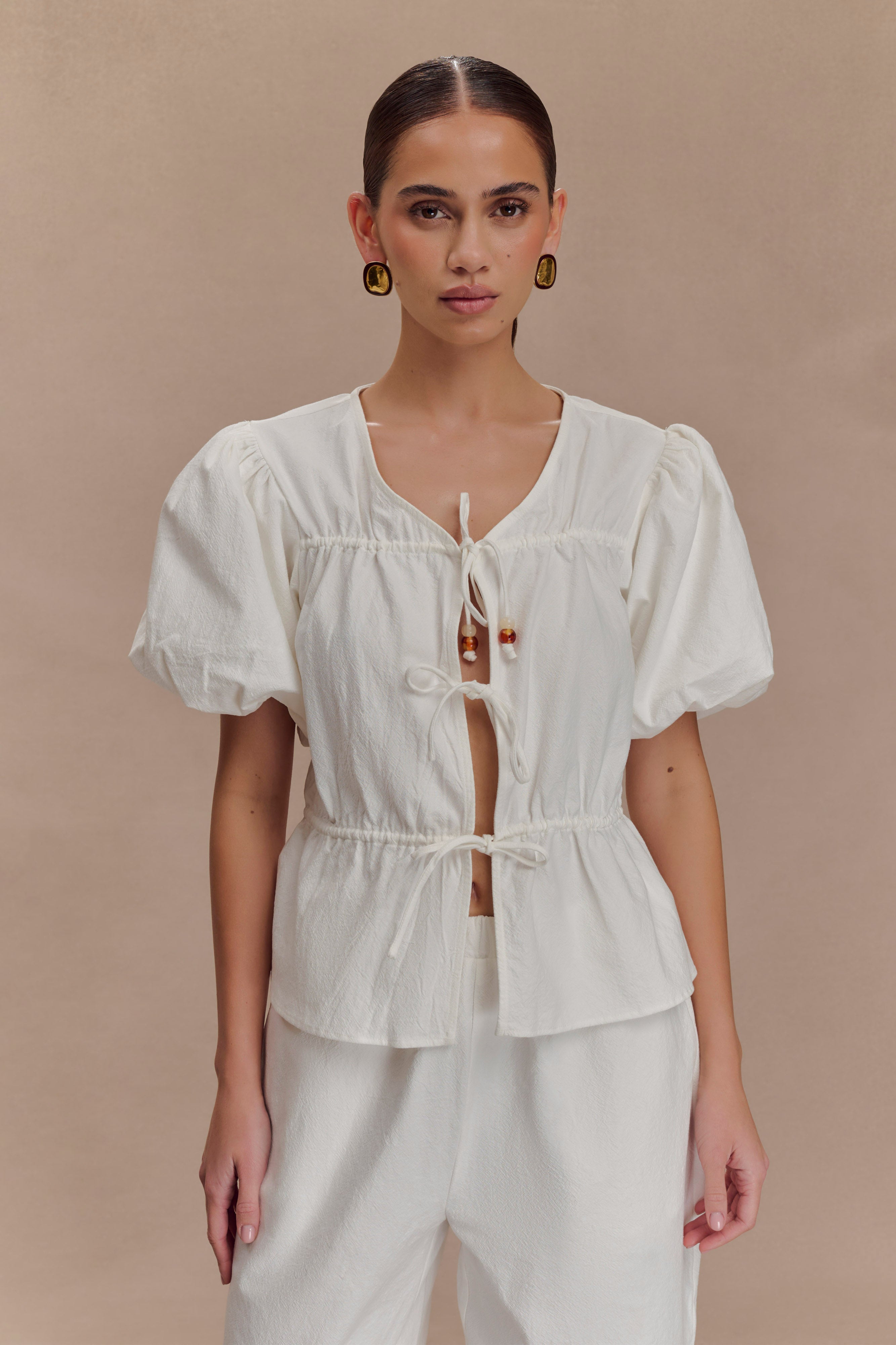 Emilie Puff Sleeve Cotton Top - White | MESHKI UK
