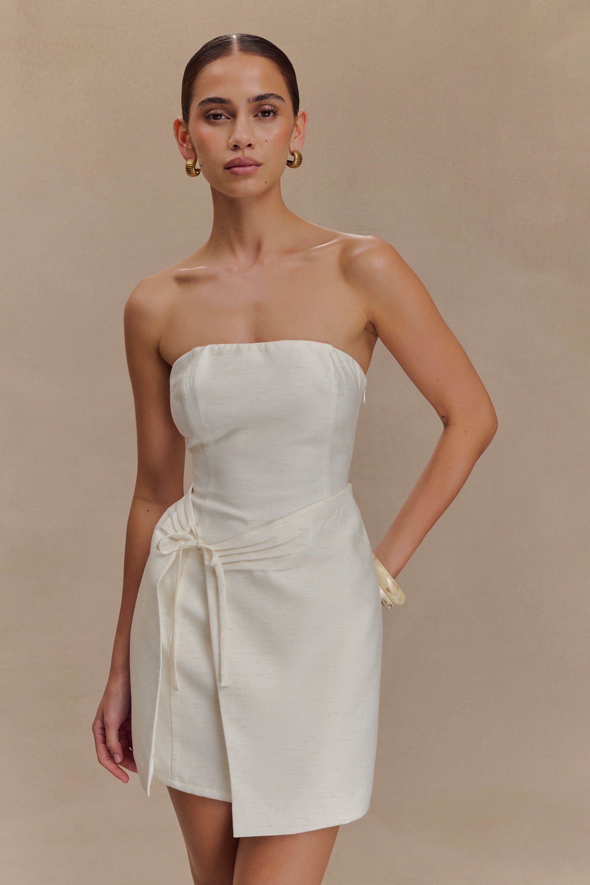 Steph Strapless Linen Mini Dress - White #6
