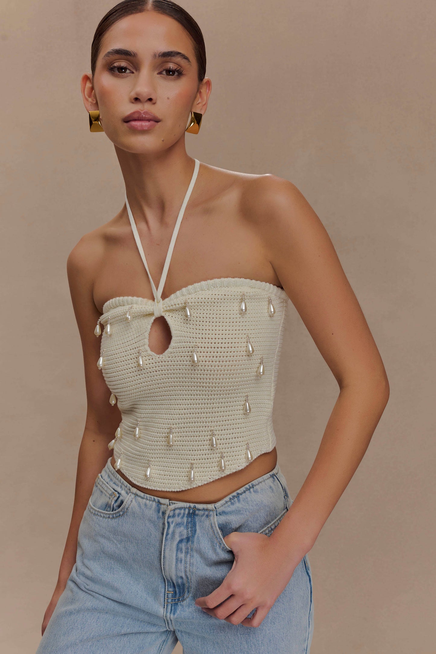 Aletta Knit Pearl Halter Top - Ivory