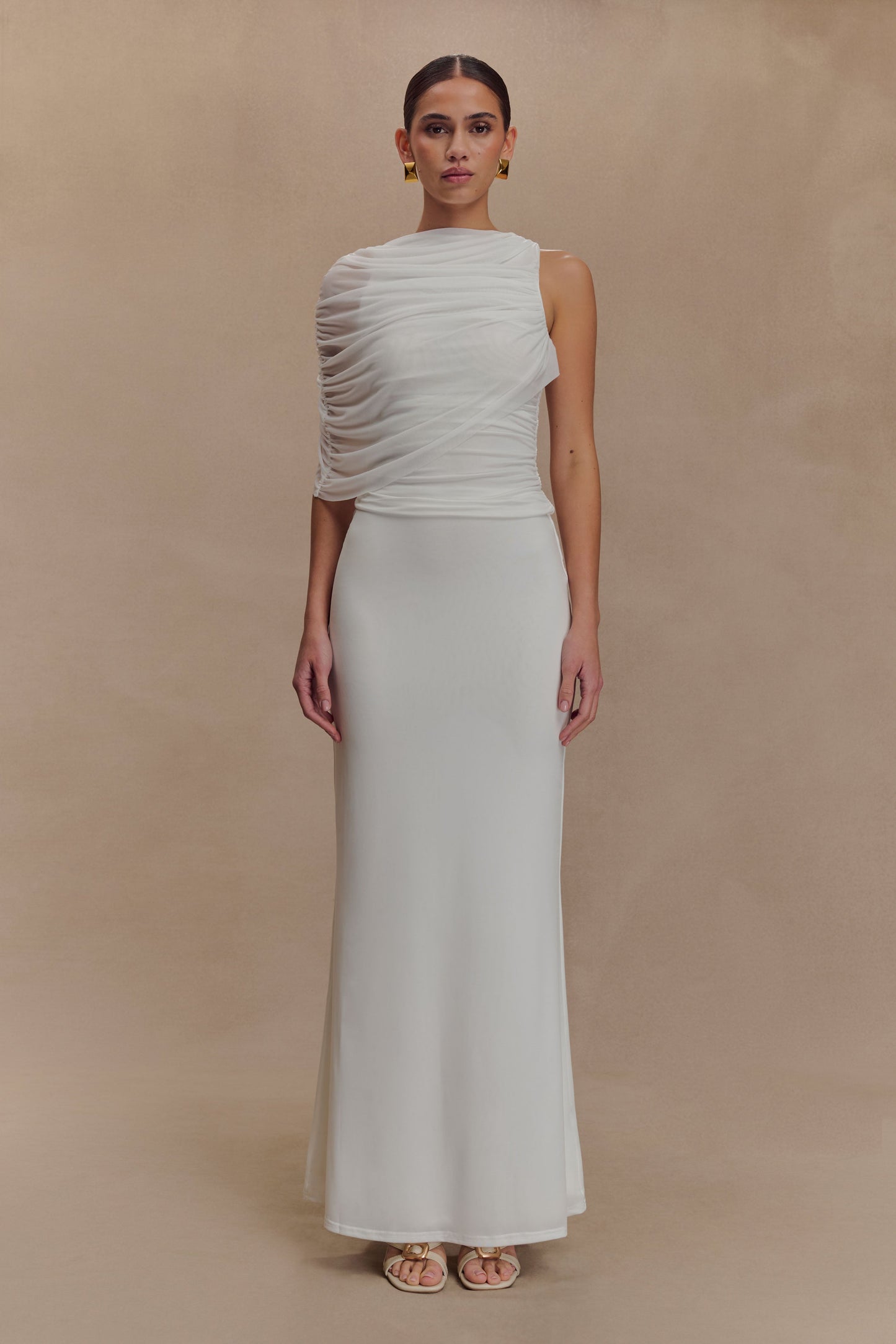 Pruedance Slinky Draped Top With Mesh Overlay - White