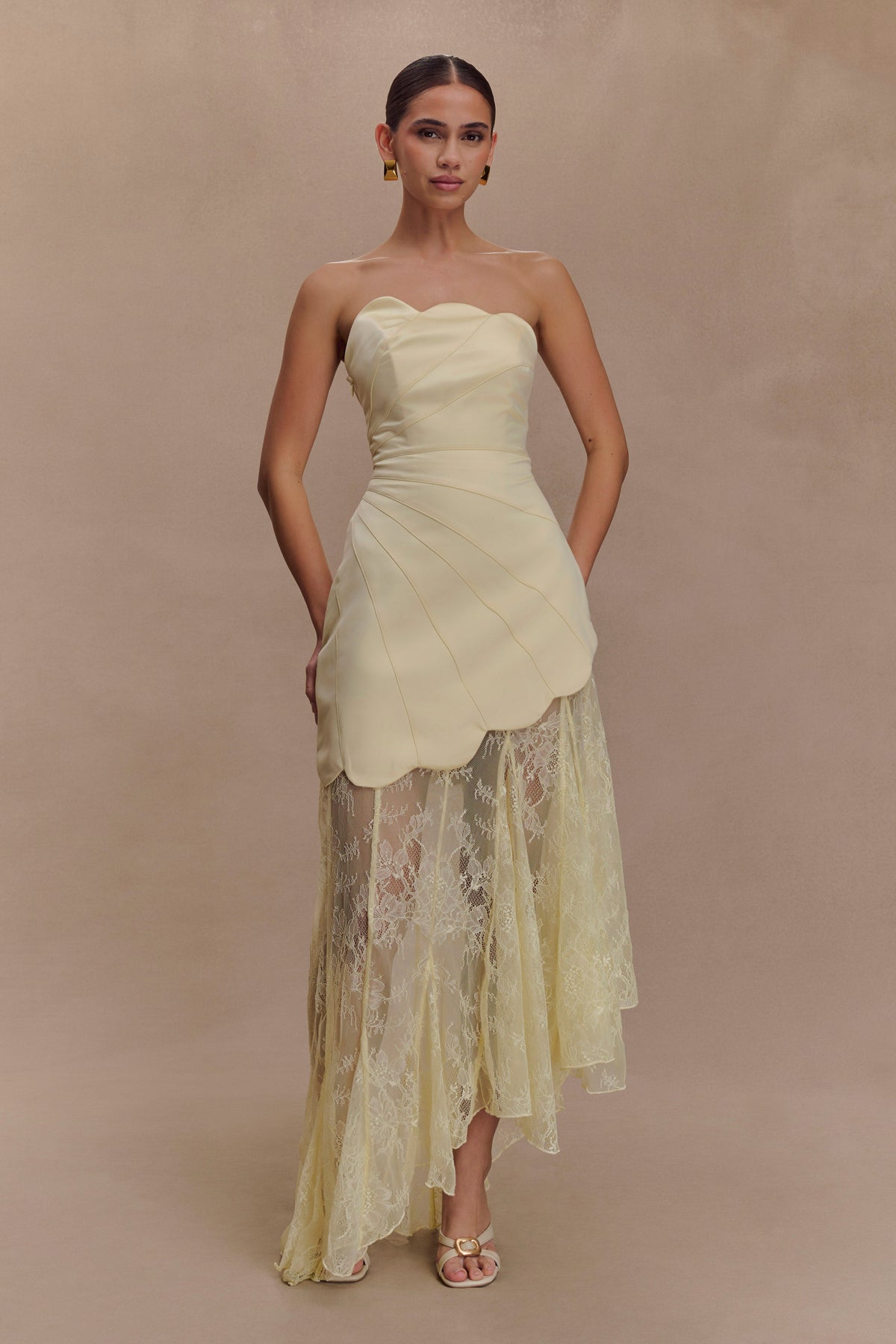 Aleena Satin And Lace Maxi Dress - Lemon