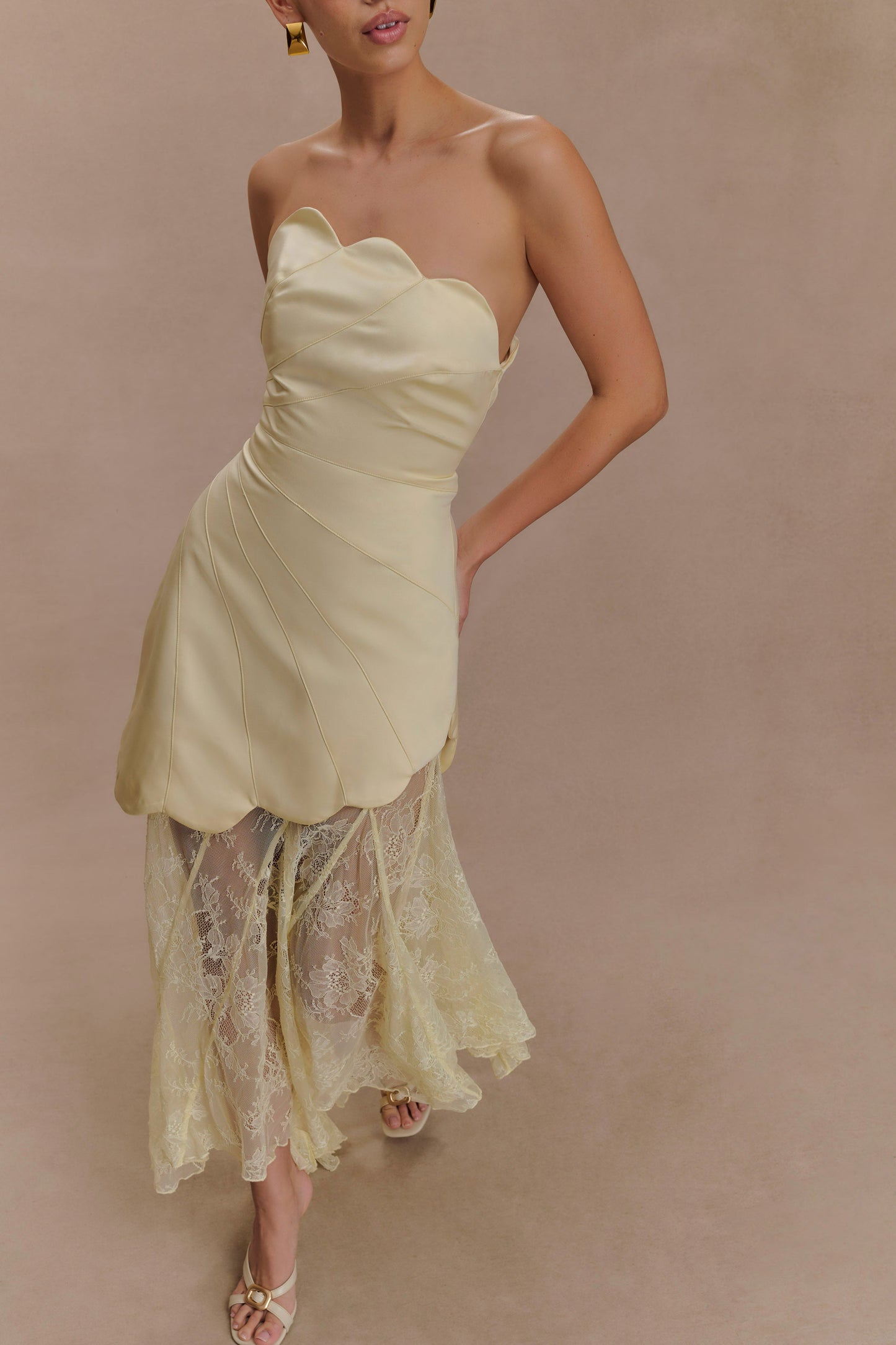 Aleena Satin And Lace Maxi Dress - Lemon
