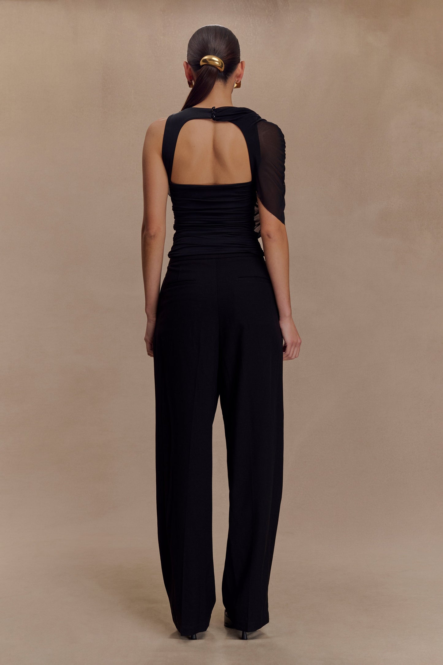 Pruedance Slinky Draped Top With Mesh Overlay - Black