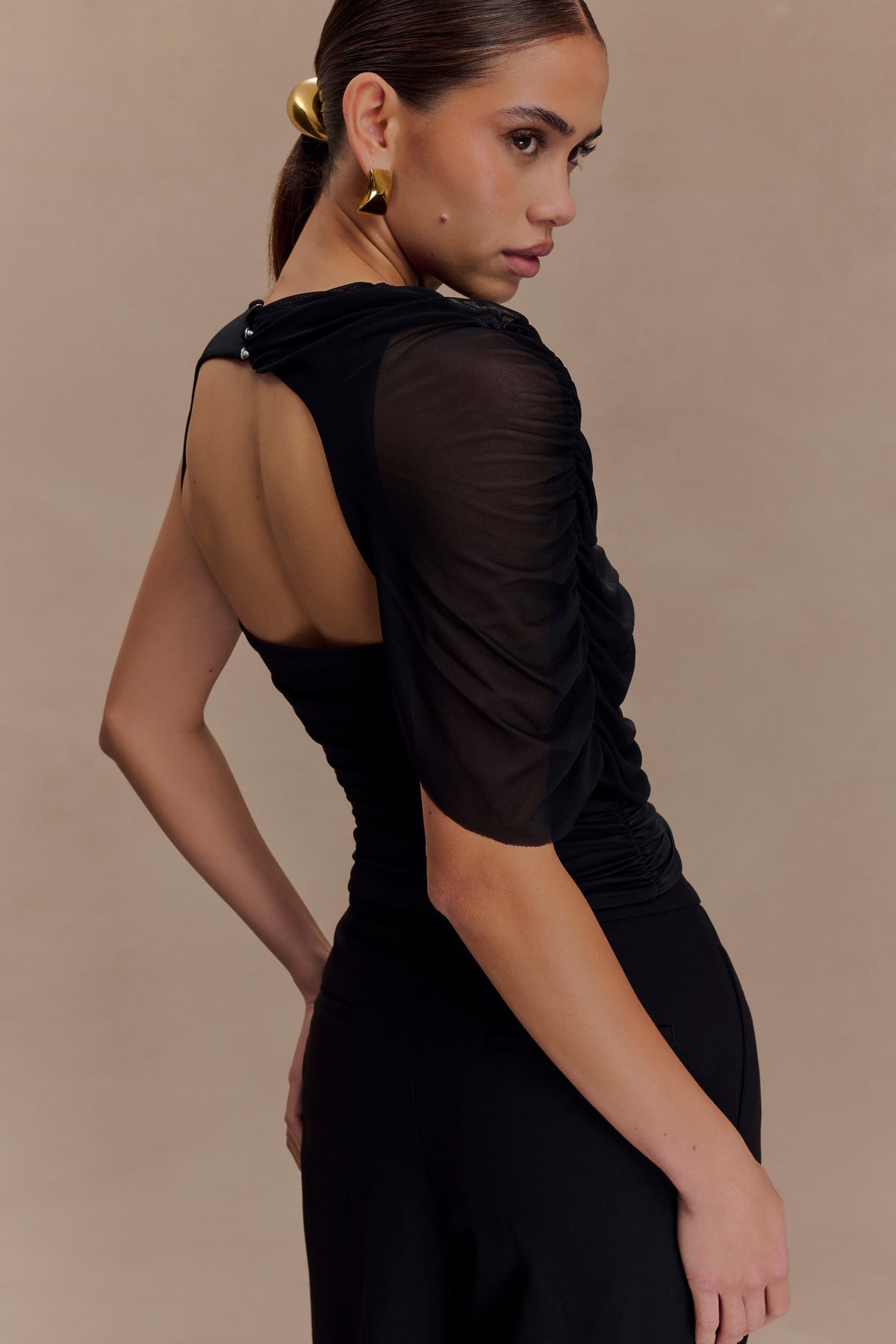 Pruedance Slinky Draped Top With Mesh Overlay - Black