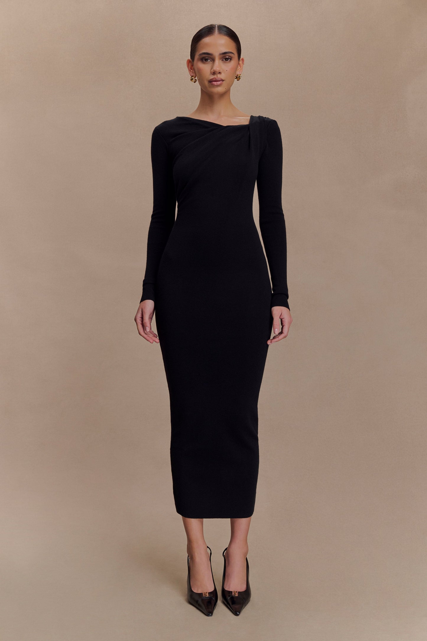 Culver Draped Twist Knit Midi Dress - Black