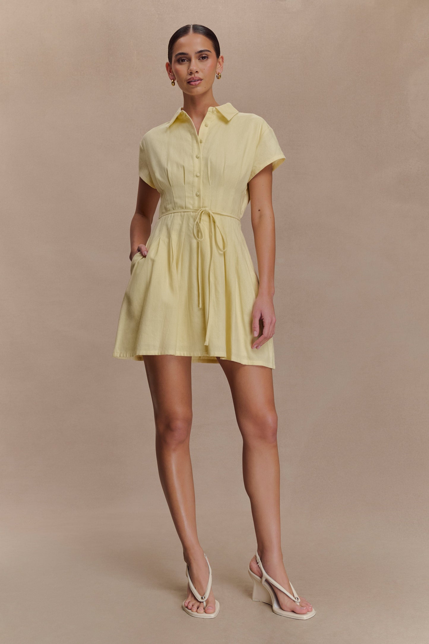 Aysha Buttoned Linen Mini Dress - Lemon