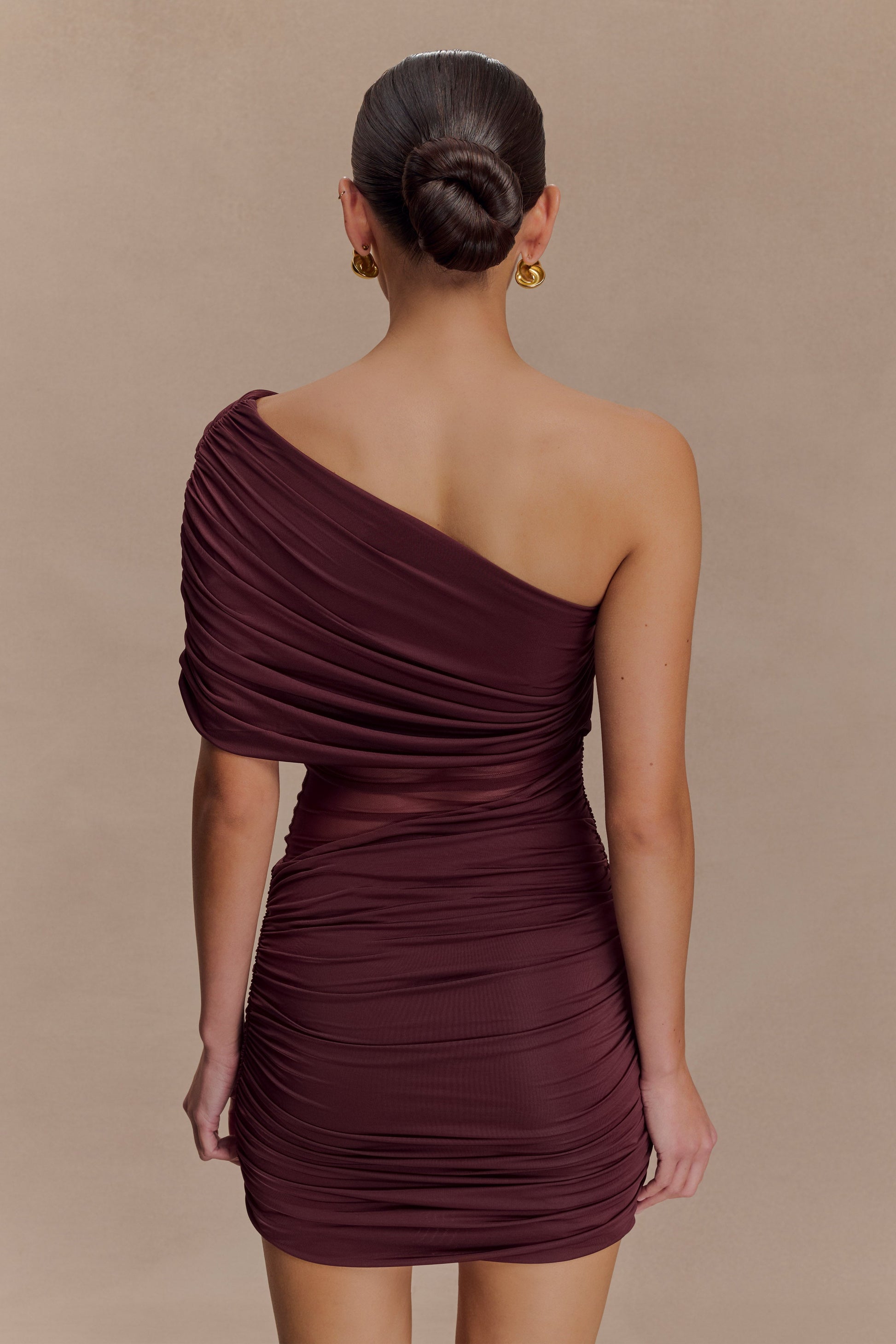 Dallas One Shoulder Mesh Mini Dress  - Mahogany #2