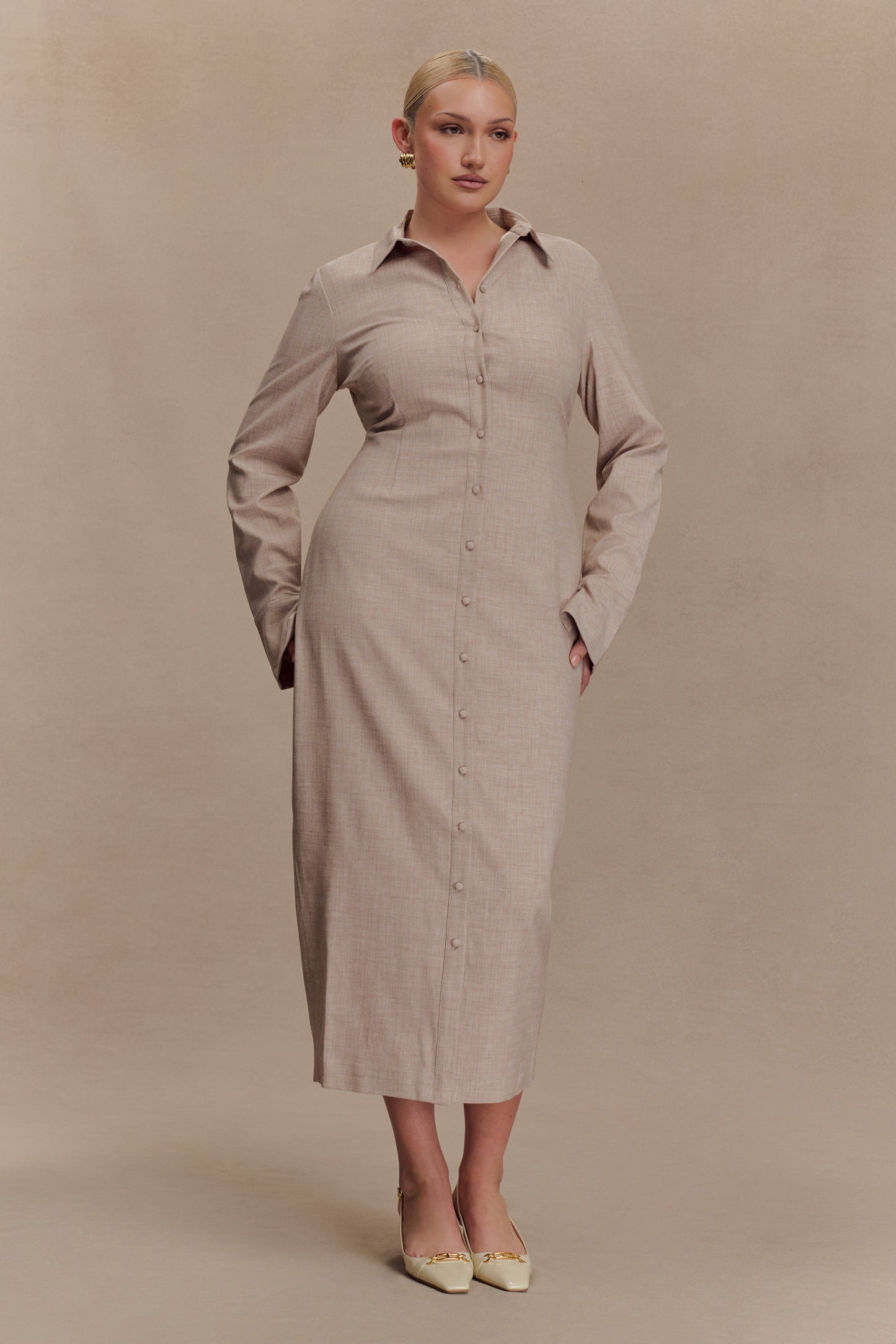 Dorian Fitted Shirt Midi Dress - Wheat Marle