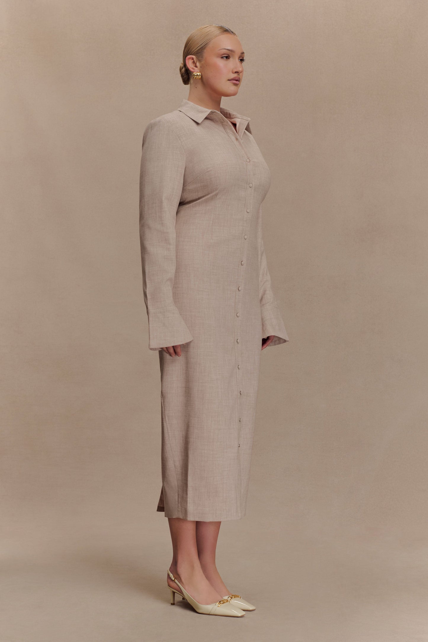 Dorian Fitted Shirt Midi Dress - Wheat Marle