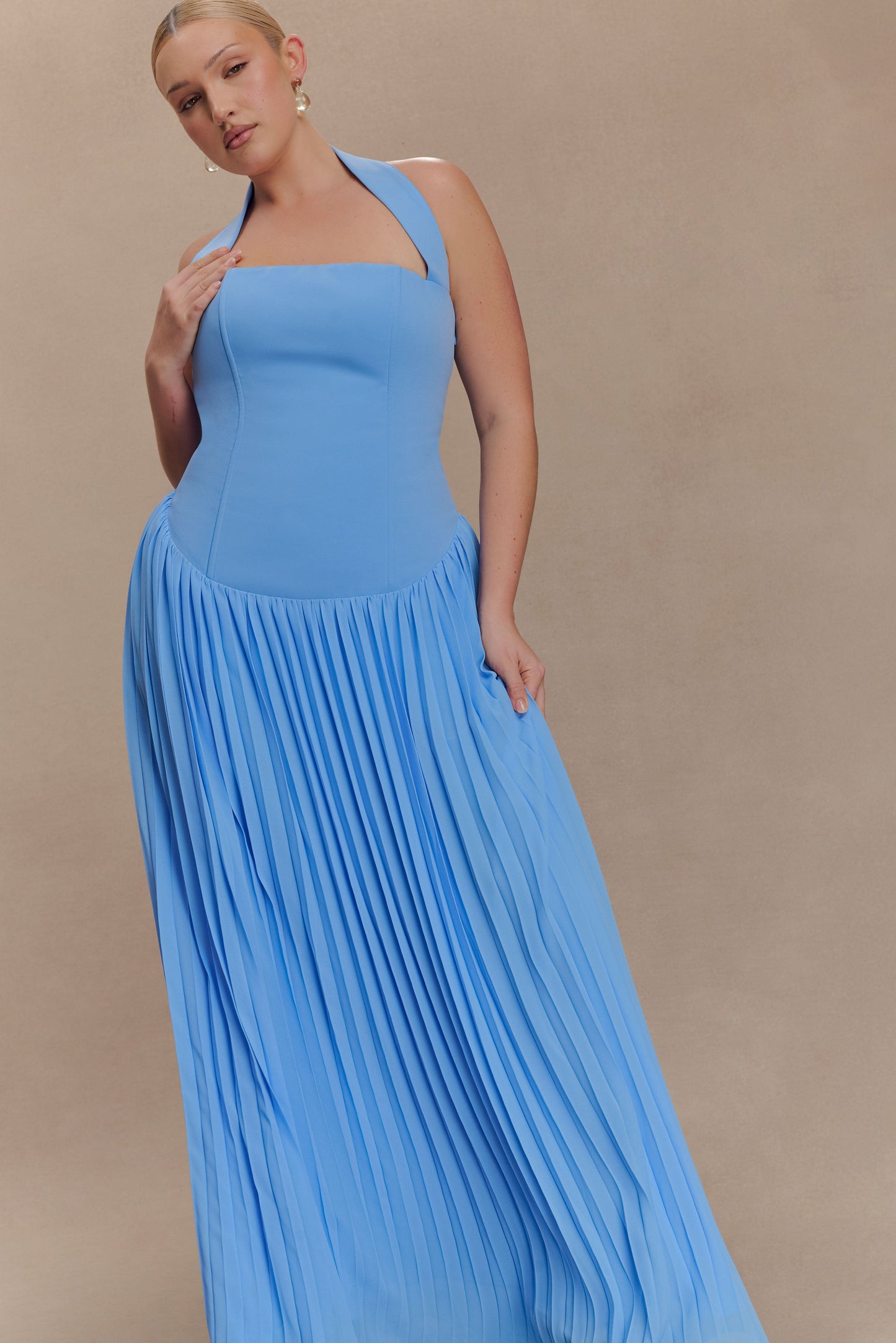 Stacie Pleated Halter Maxi Dress - Bright Blue