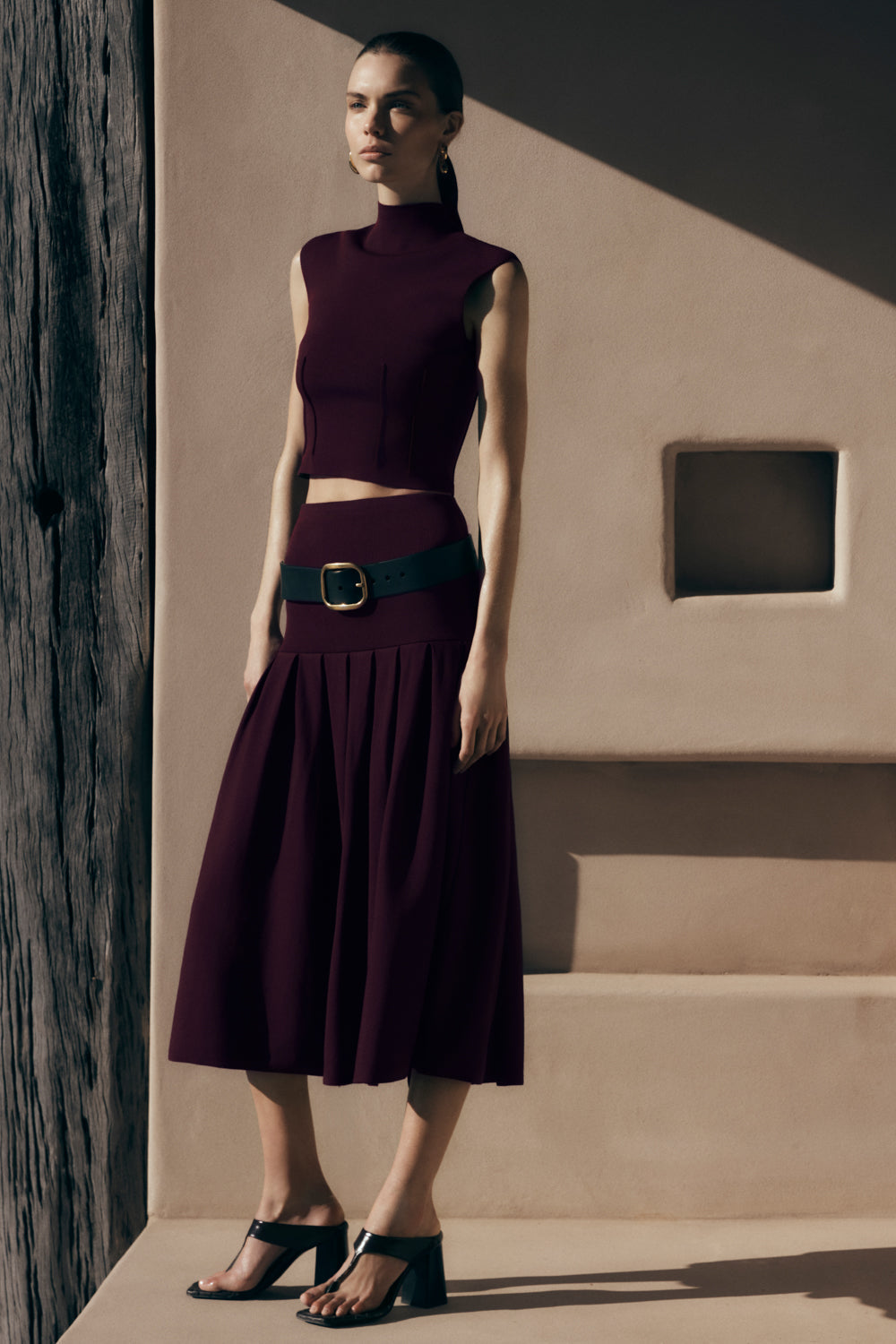 Romaine Bandage Knit Midi Skirt - Wine