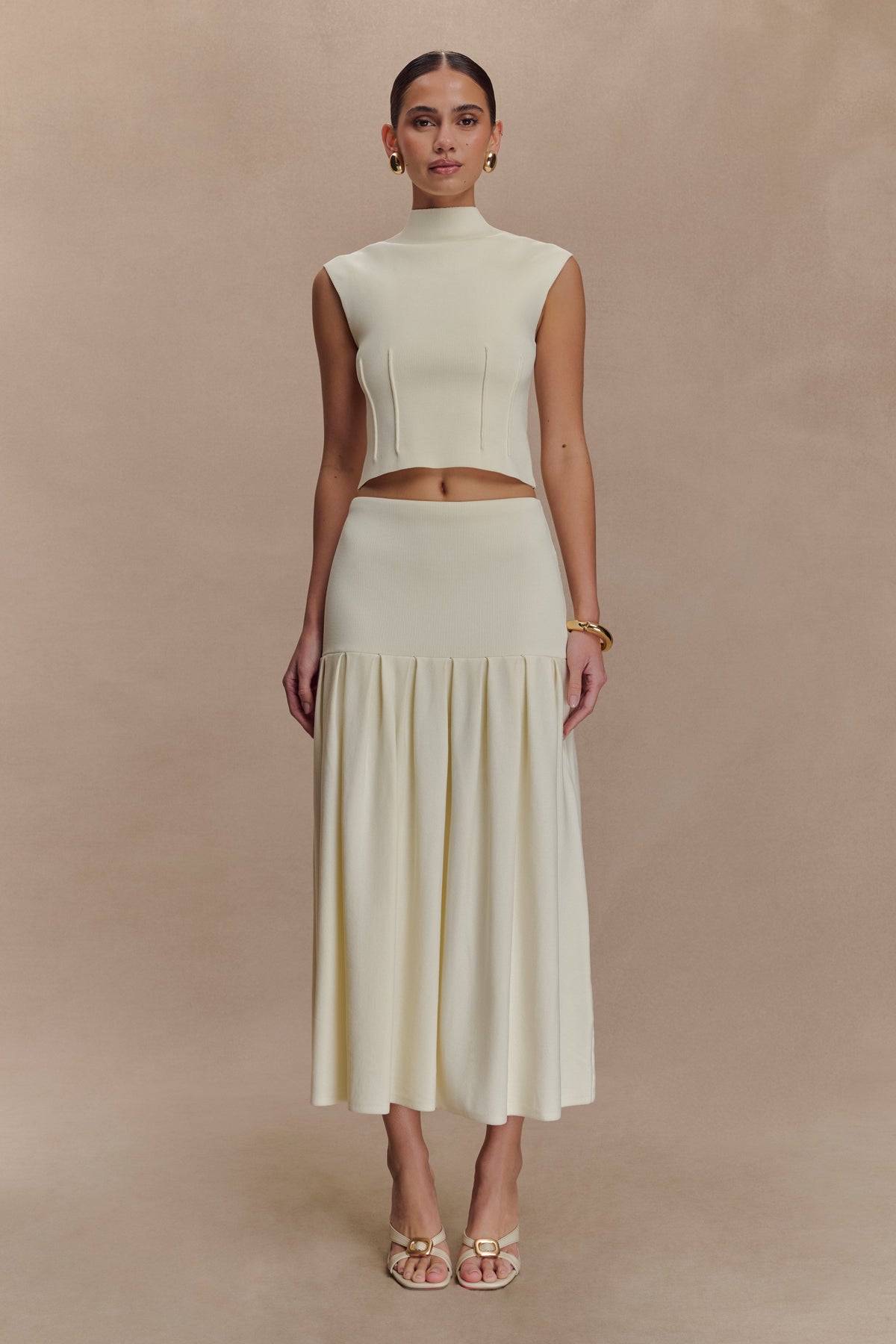 Romaine High Neck Bandage Knit Top - Ivory