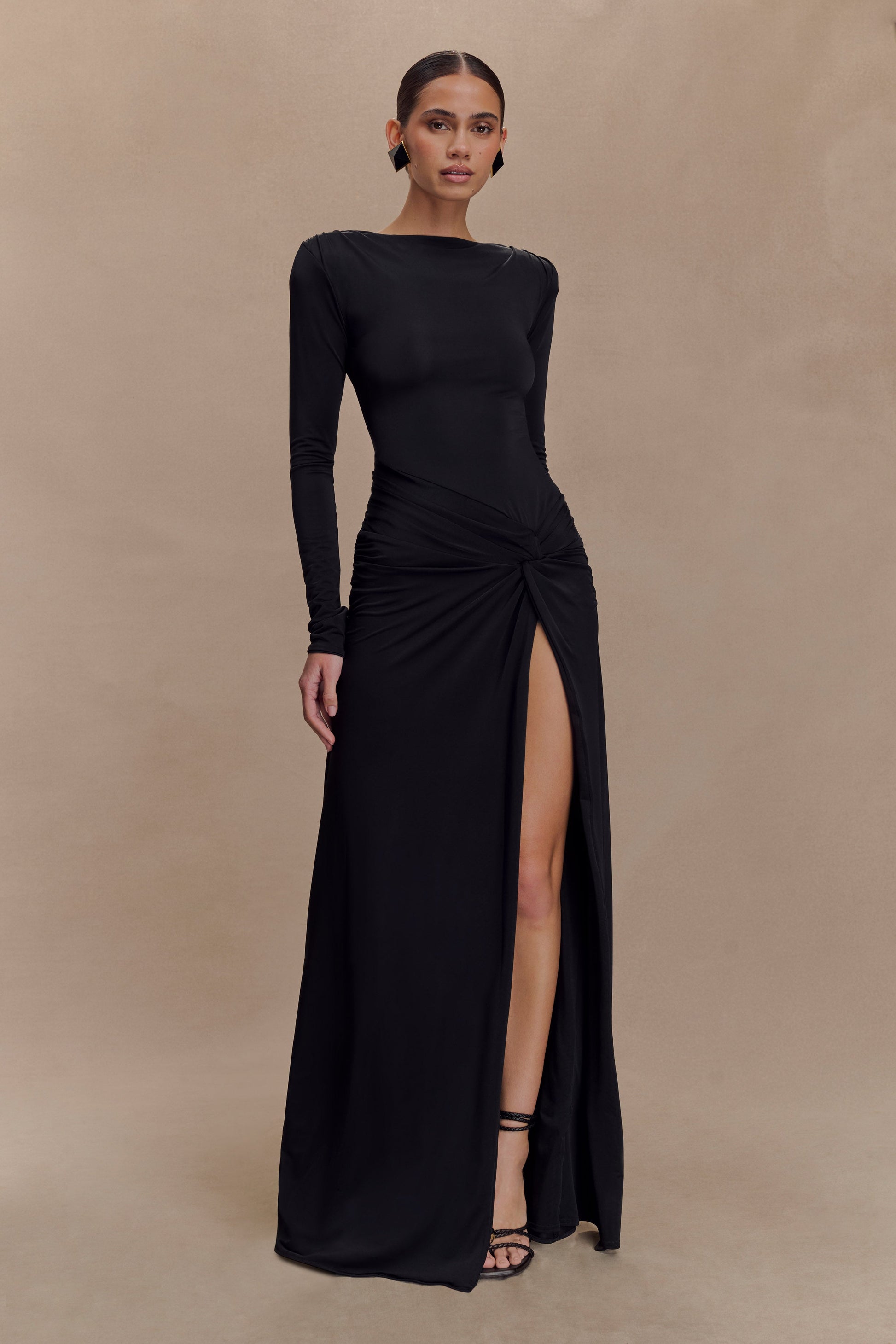 Deanna Long Sleeve Gathered Maxi Dress - Black #3