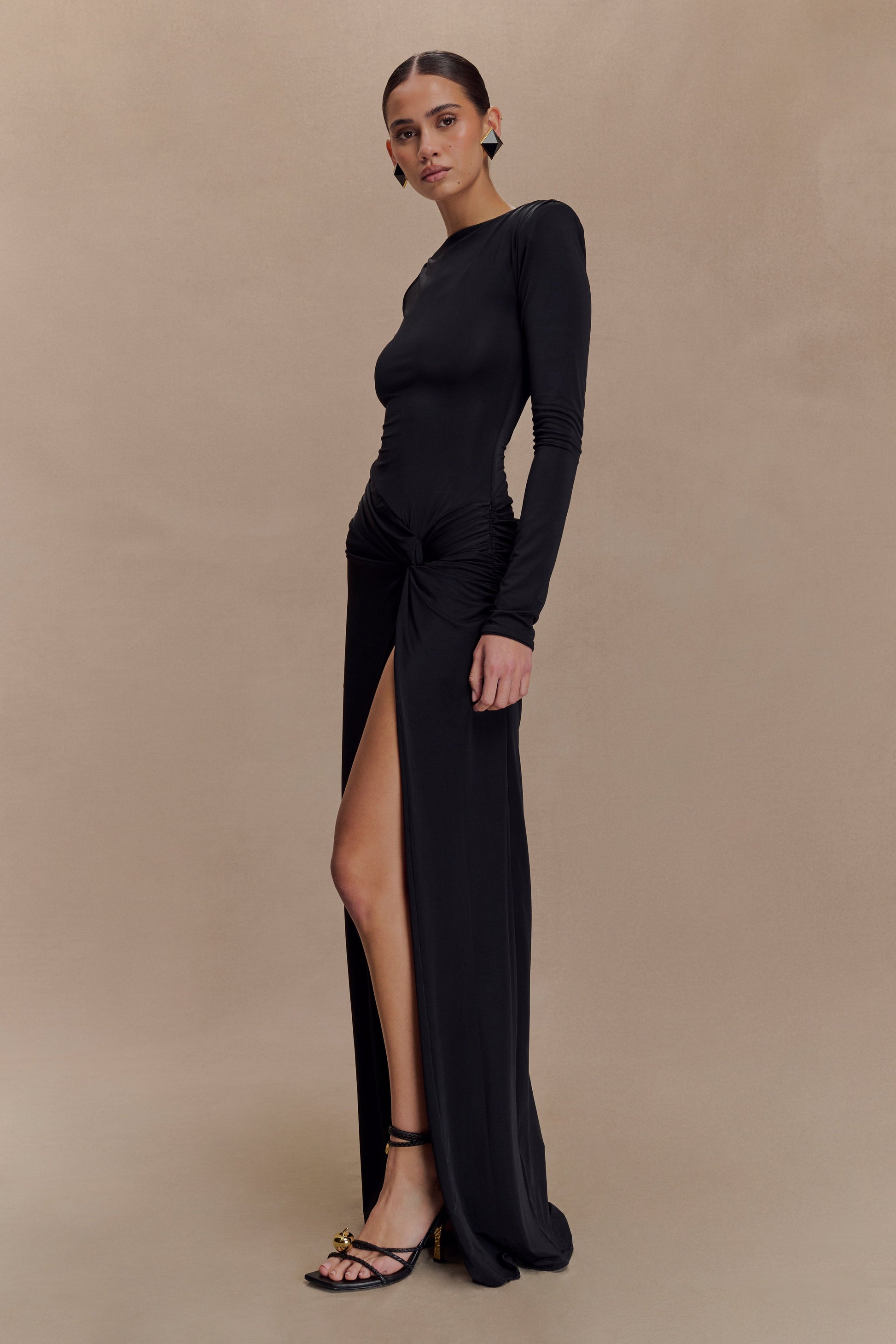 Deanna Long Sleeve Gathered Maxi Dress - Black #5