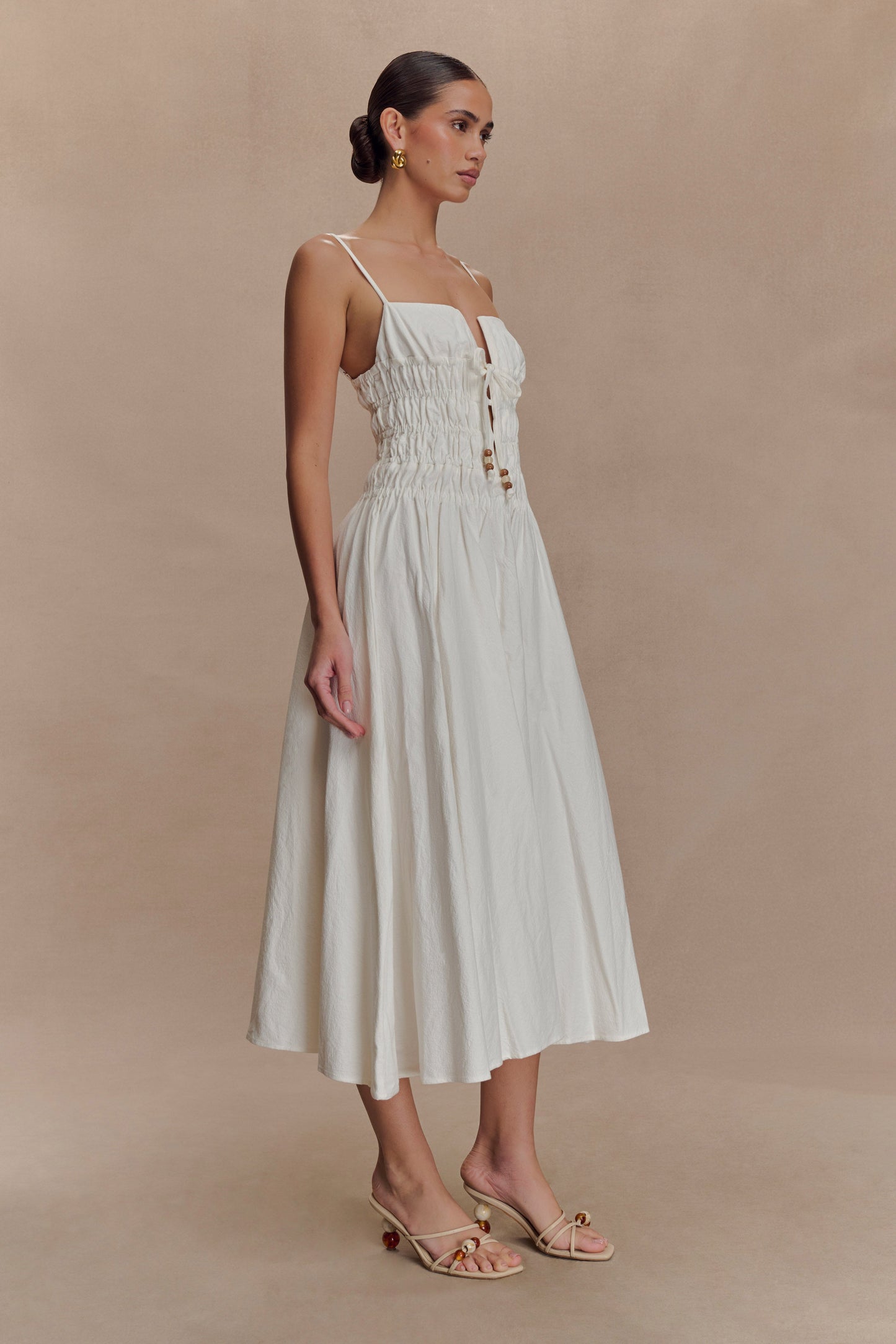 Elias Shirred Cotton Midi Dress - White
