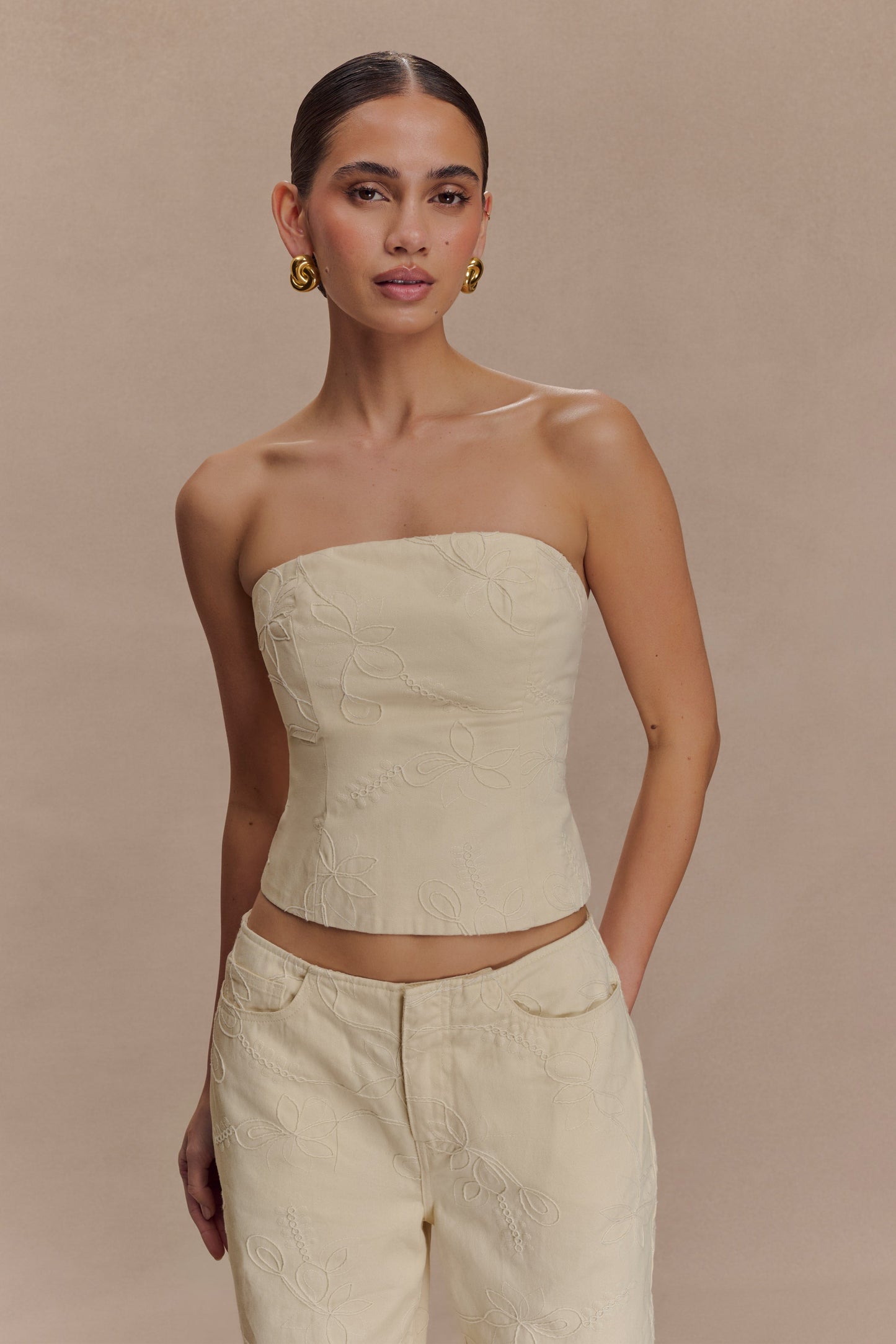 Ebony Embroidered Denim Corset - Cream