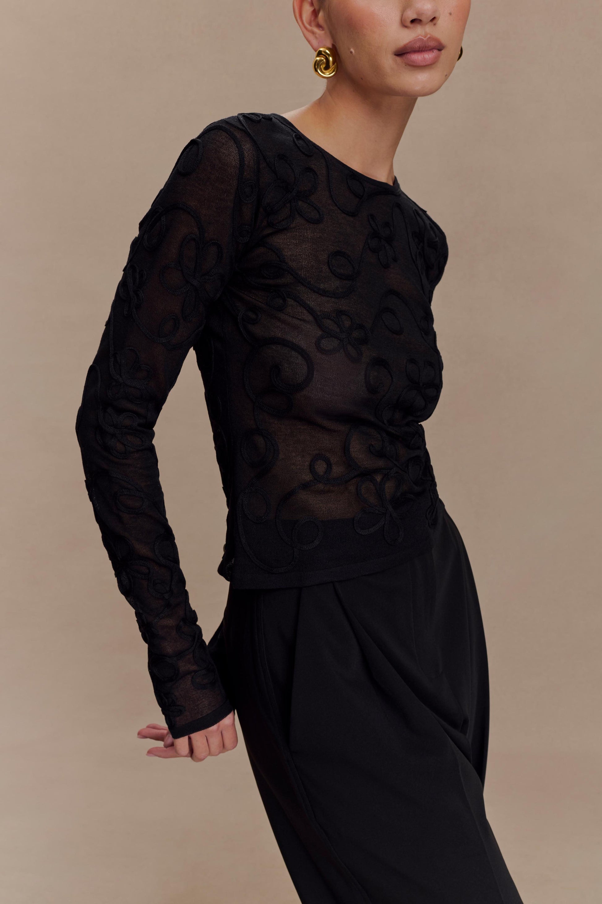 Omari Embroidery Long Sleeve Knit Top - Black #3