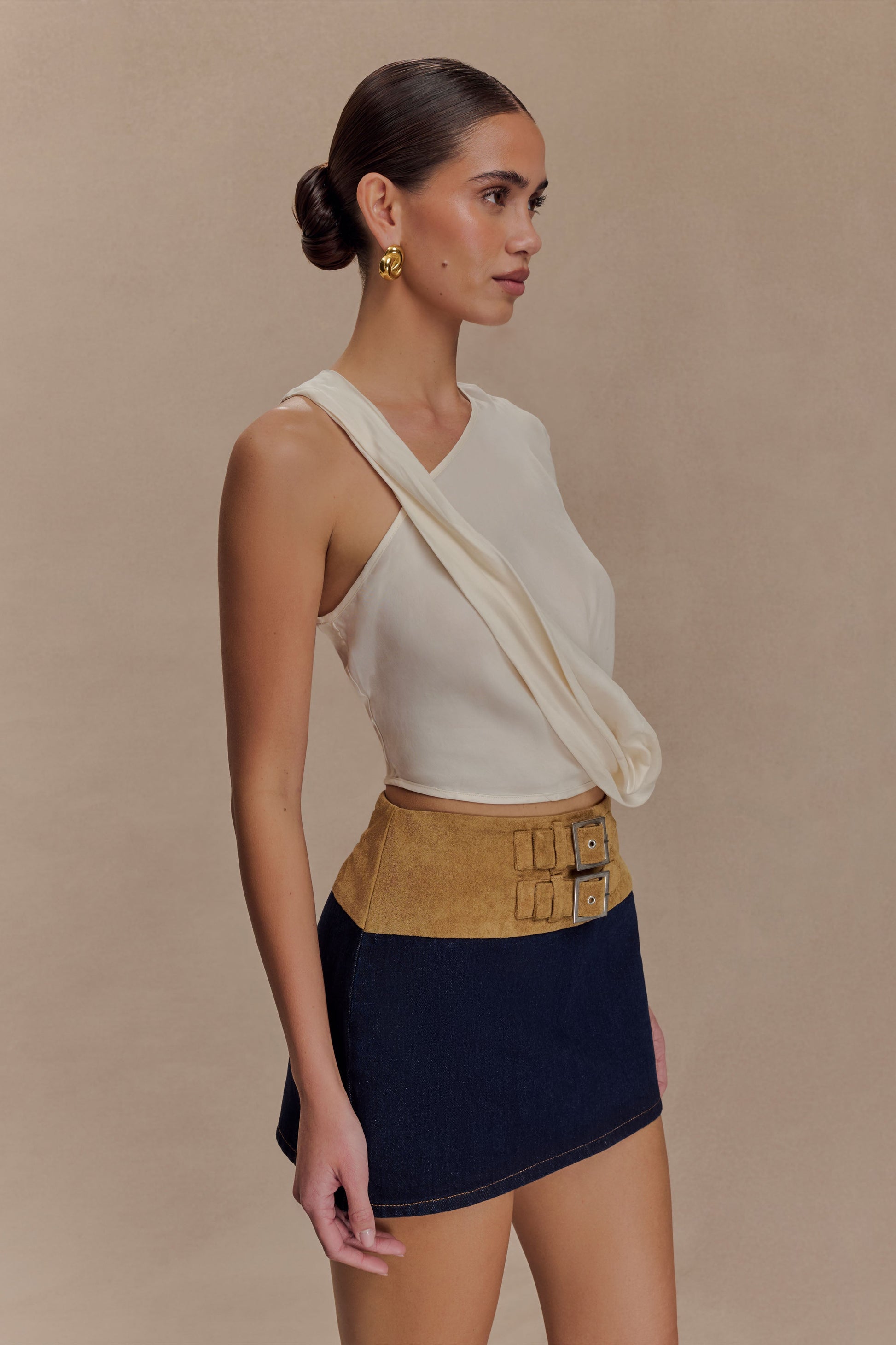 Miranda Faux Suede Belted Denim Mini Skirt - Indigo Blue #4