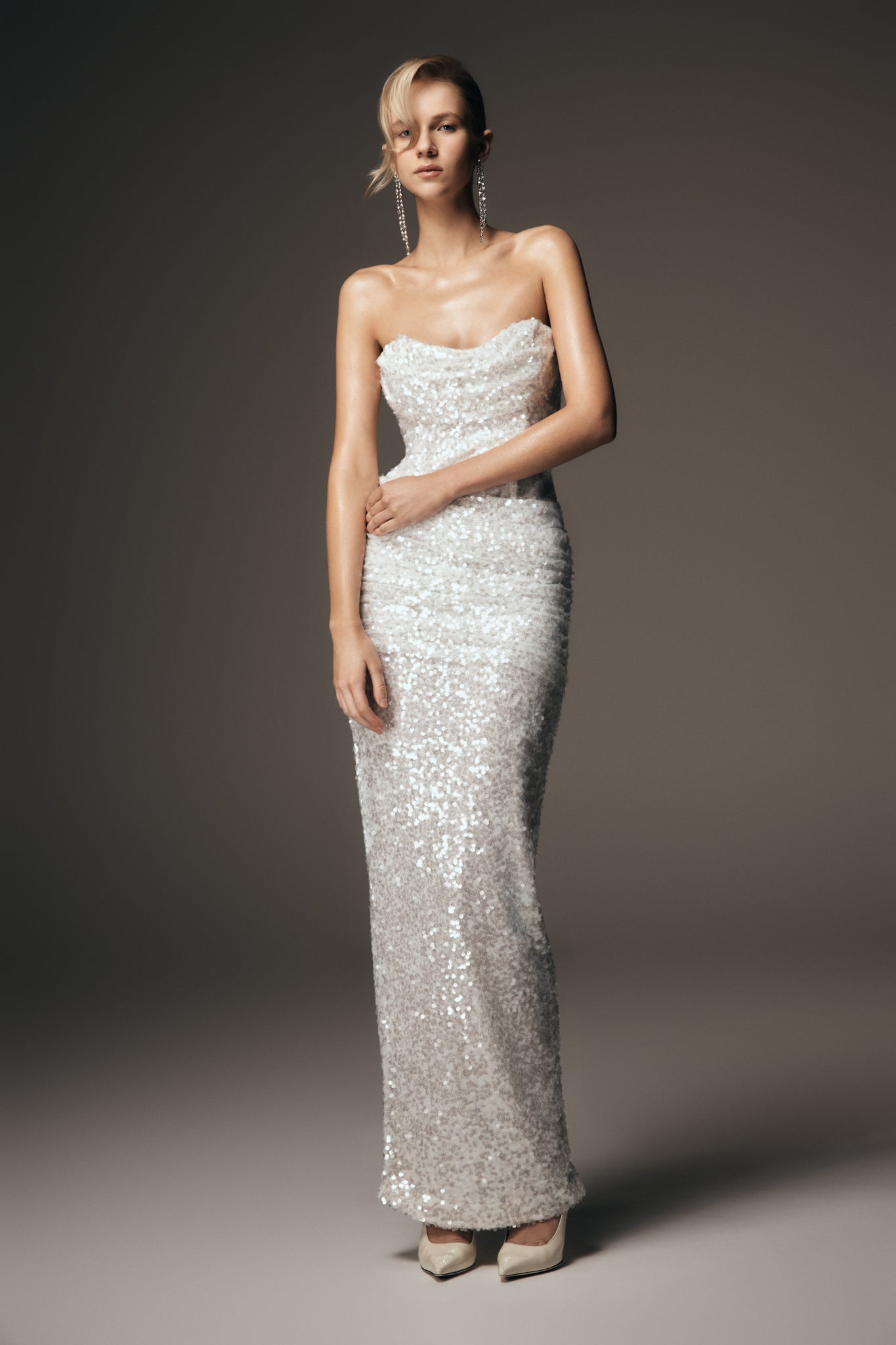Nala Strapless Sequin Maxi Dress - Ivory | MESHKI UK Nala Strapless Sequin Maxi Dress - Ivory | MESHKI UK