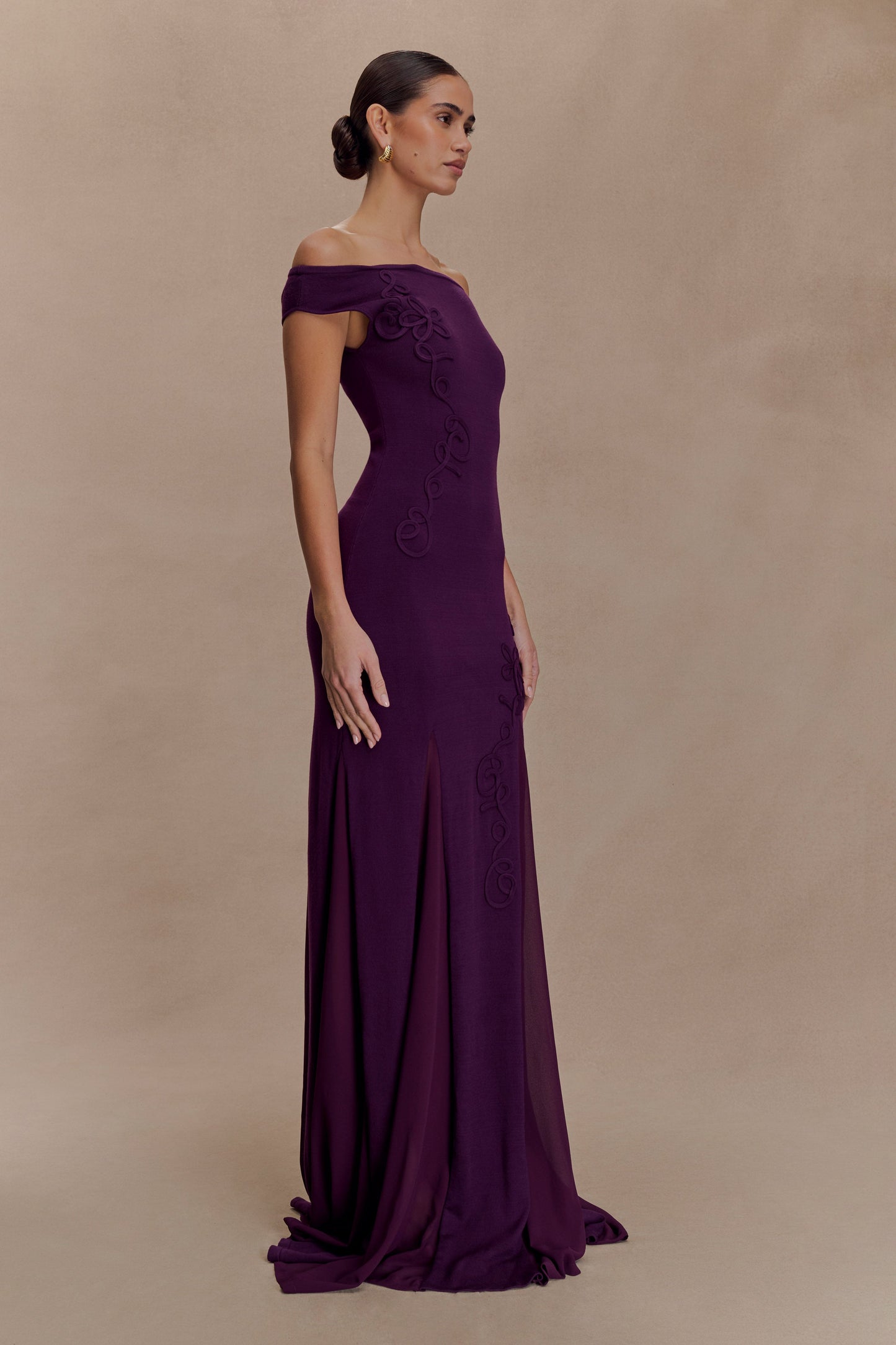 Nesta Embroidery Off Shoulder Knit Dress - Plum