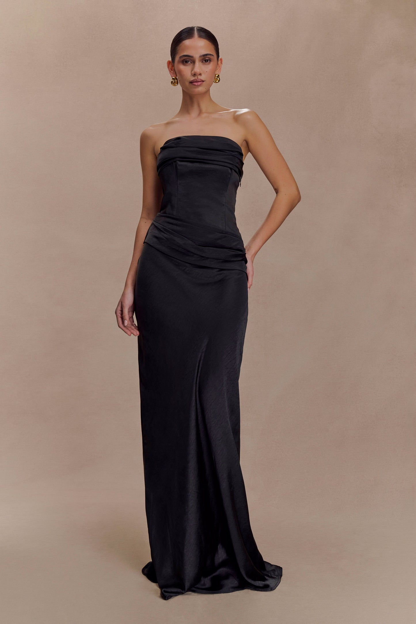 Jasmine Strapless Satin Maxi Dress - Black