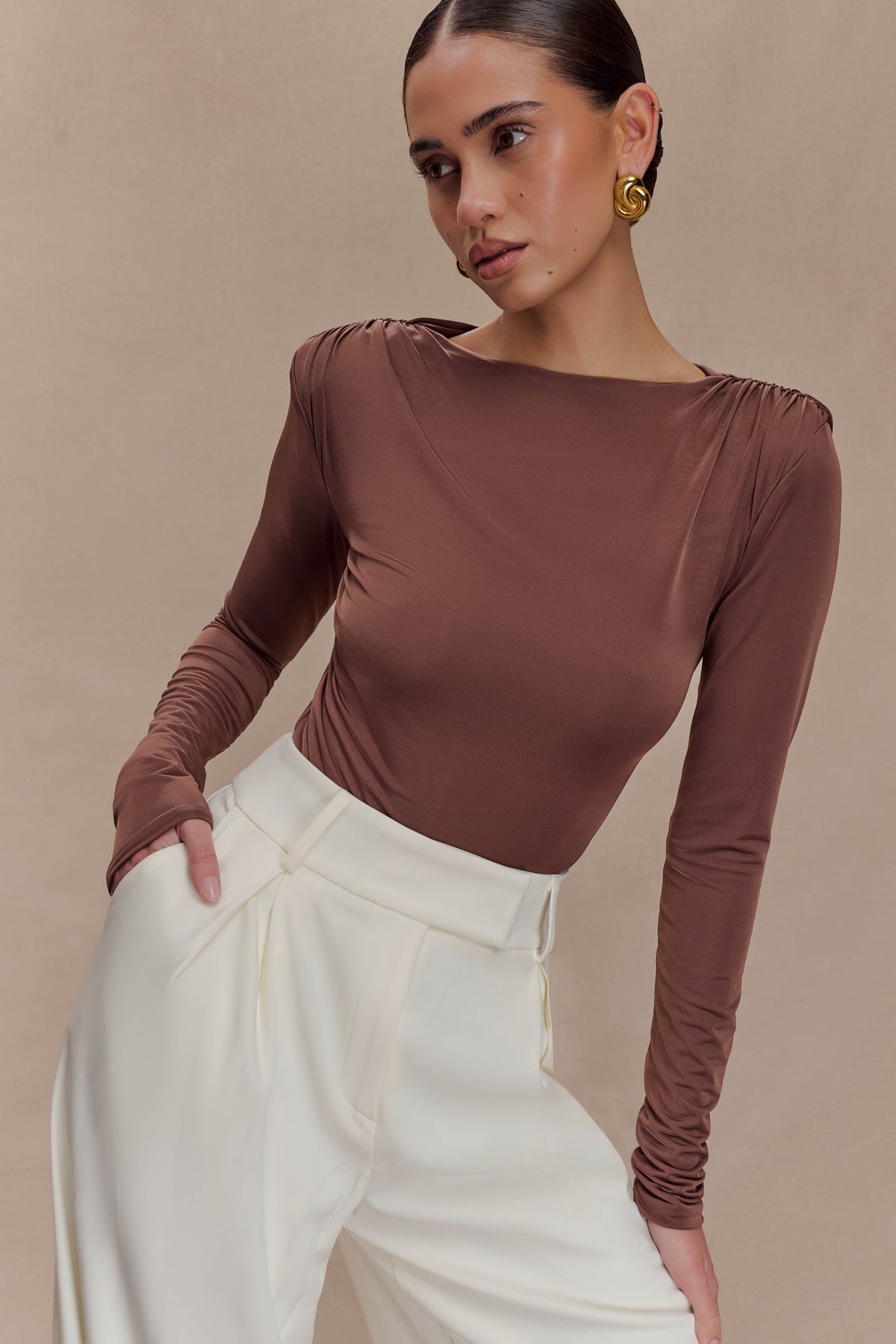 Elsie Shoulder Pad Bodysuit - Chocolate