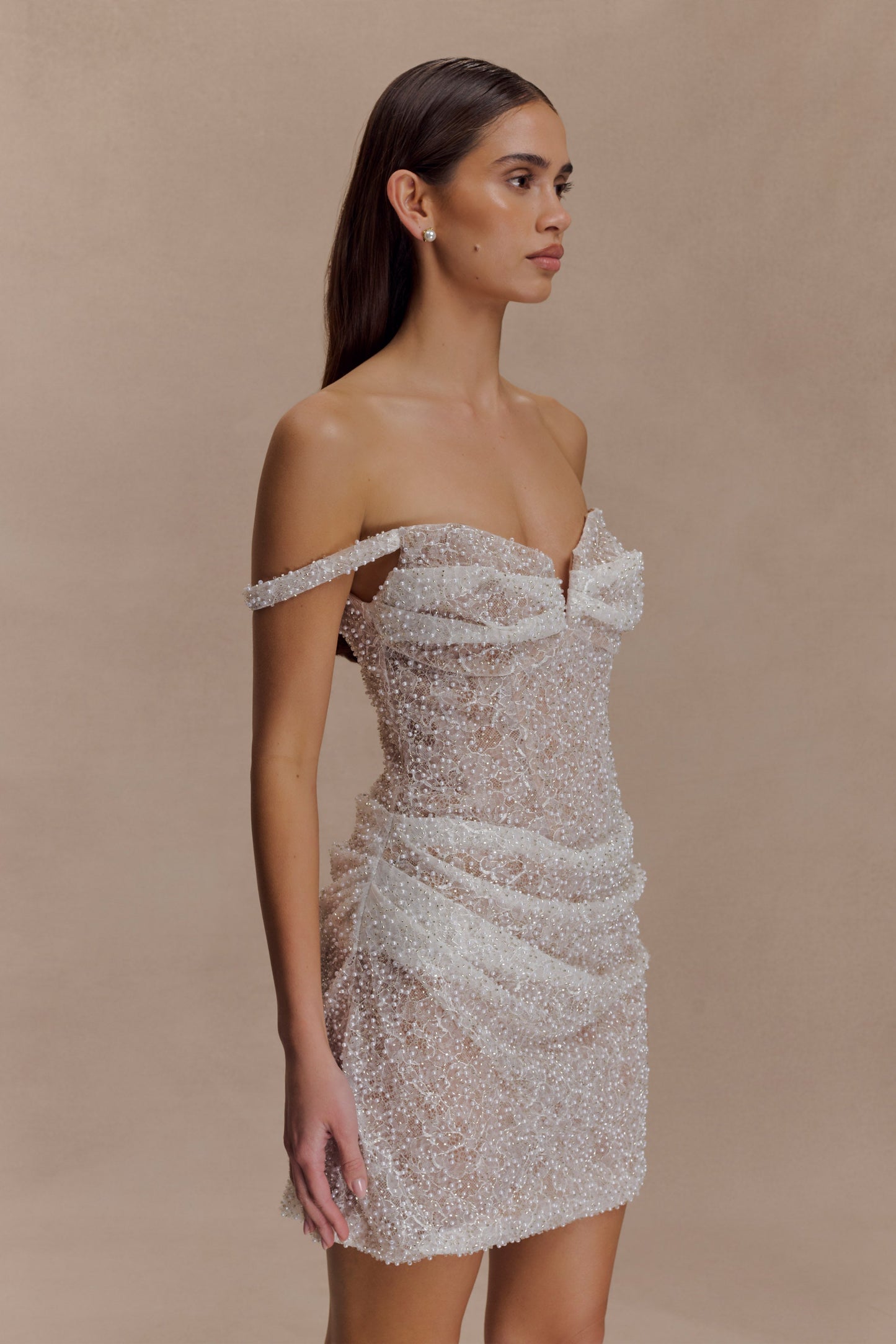 Connie Beaded Bodycon Mini Dress - Nude