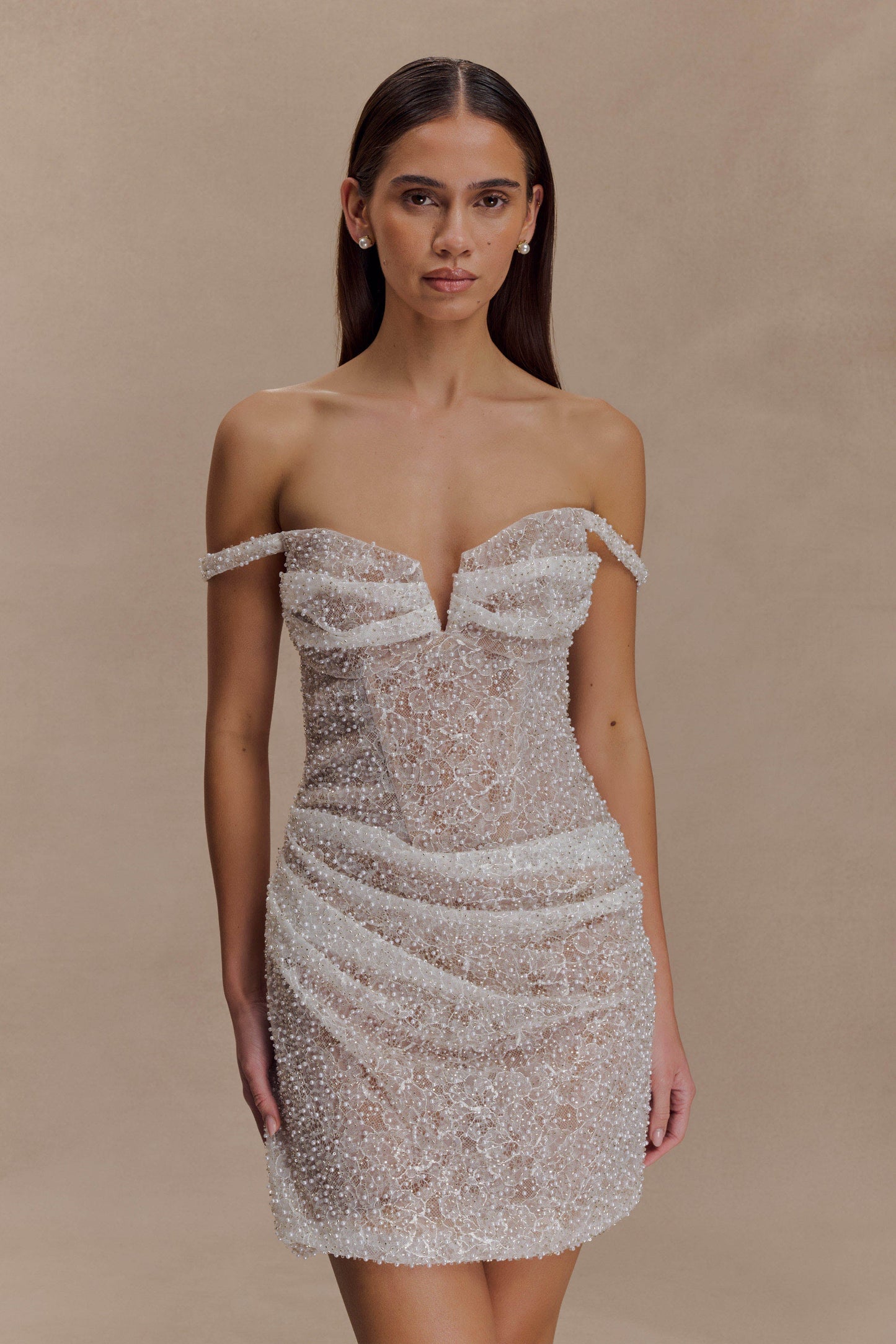 Connie Beaded Bodycon Mini Dress - Nude