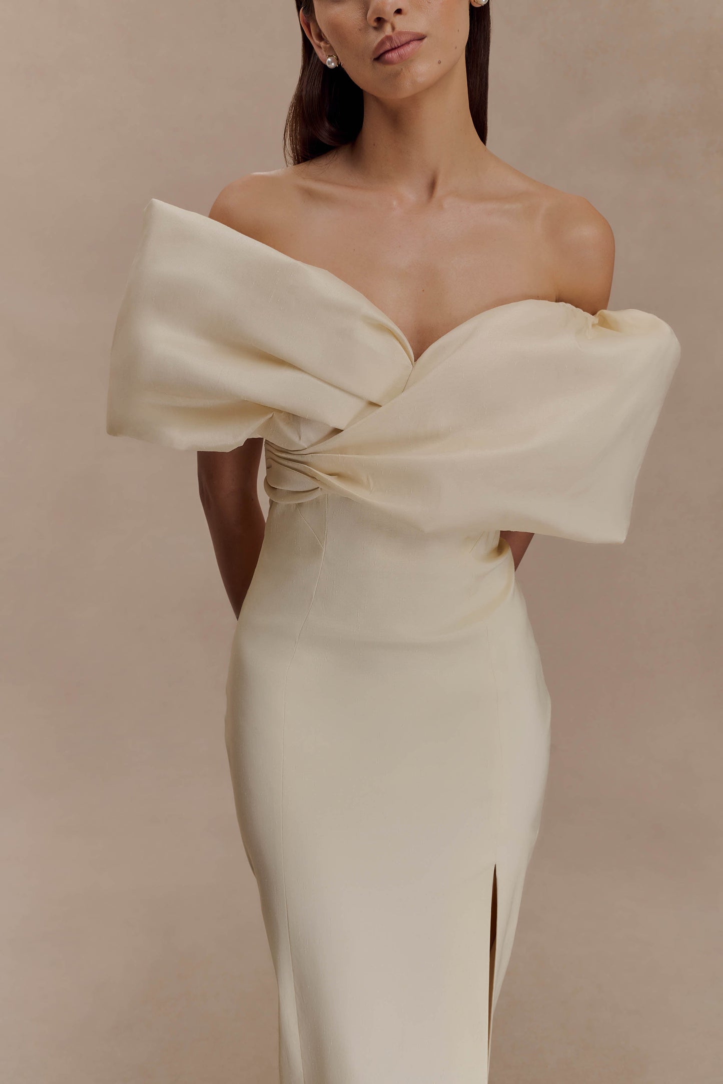 Angelica Taffeta Off Shoulder Bridal Gown - Soft Beige