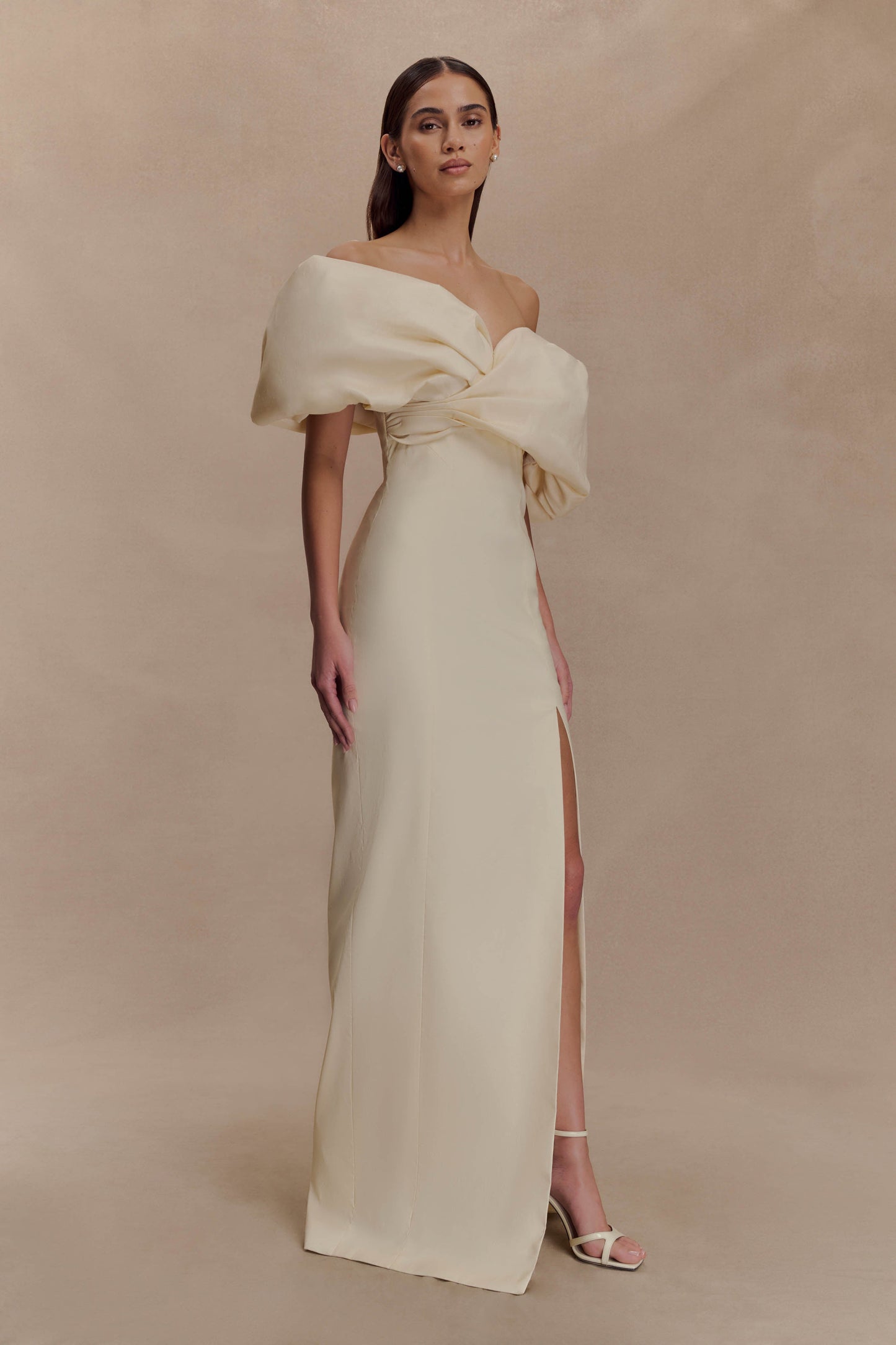Angelica Taffeta Off Shoulder Bridal Gown - Soft Beige