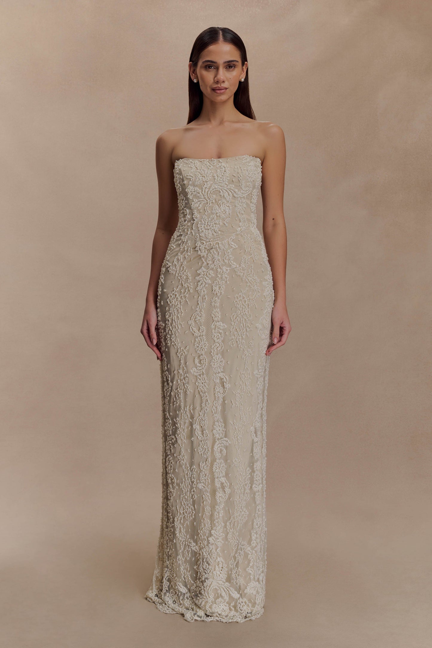Eva Hand Beaded Pearl & Lace Maxi Dress - White