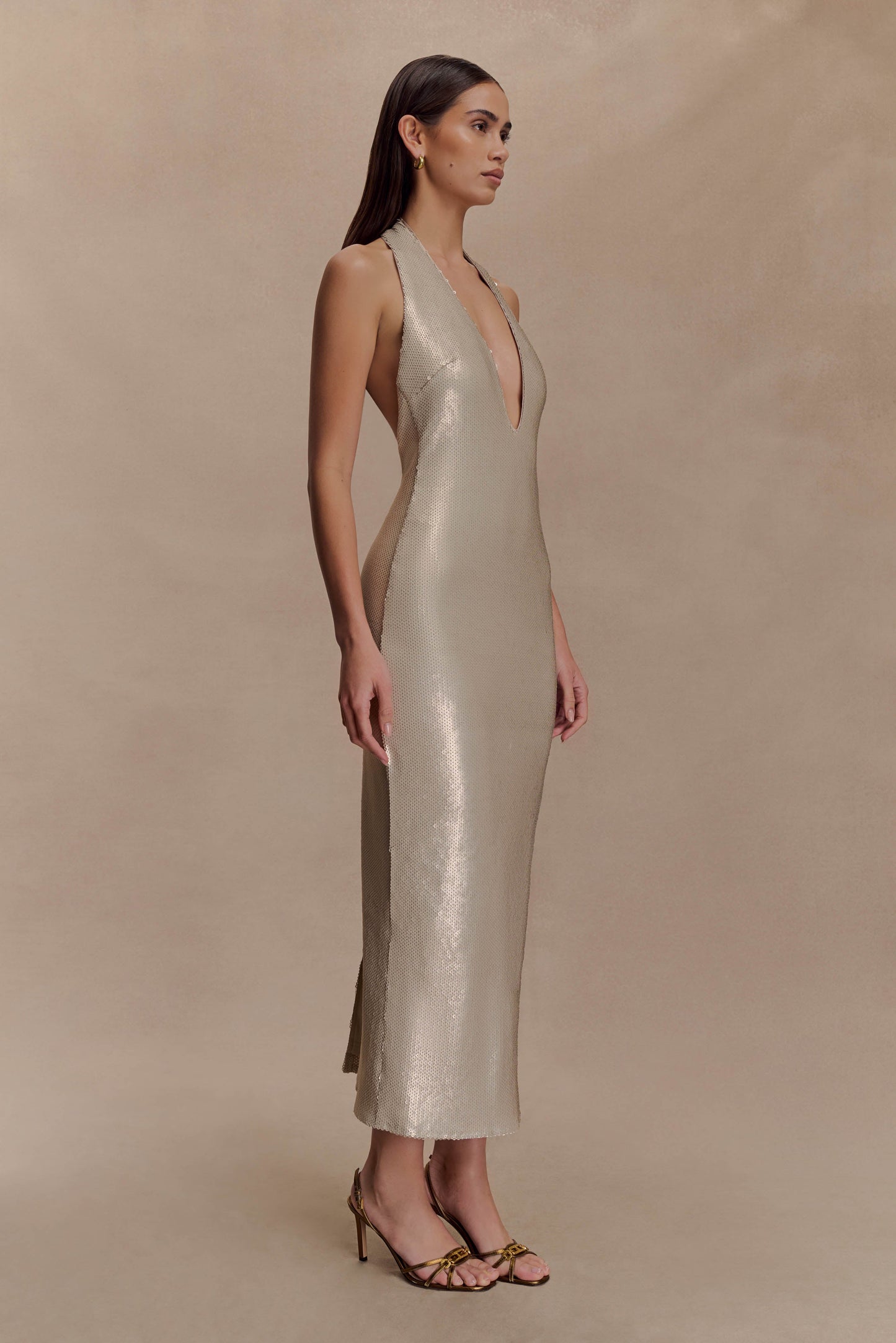 Carnation Sequin Halter Midi Dress - Gold
