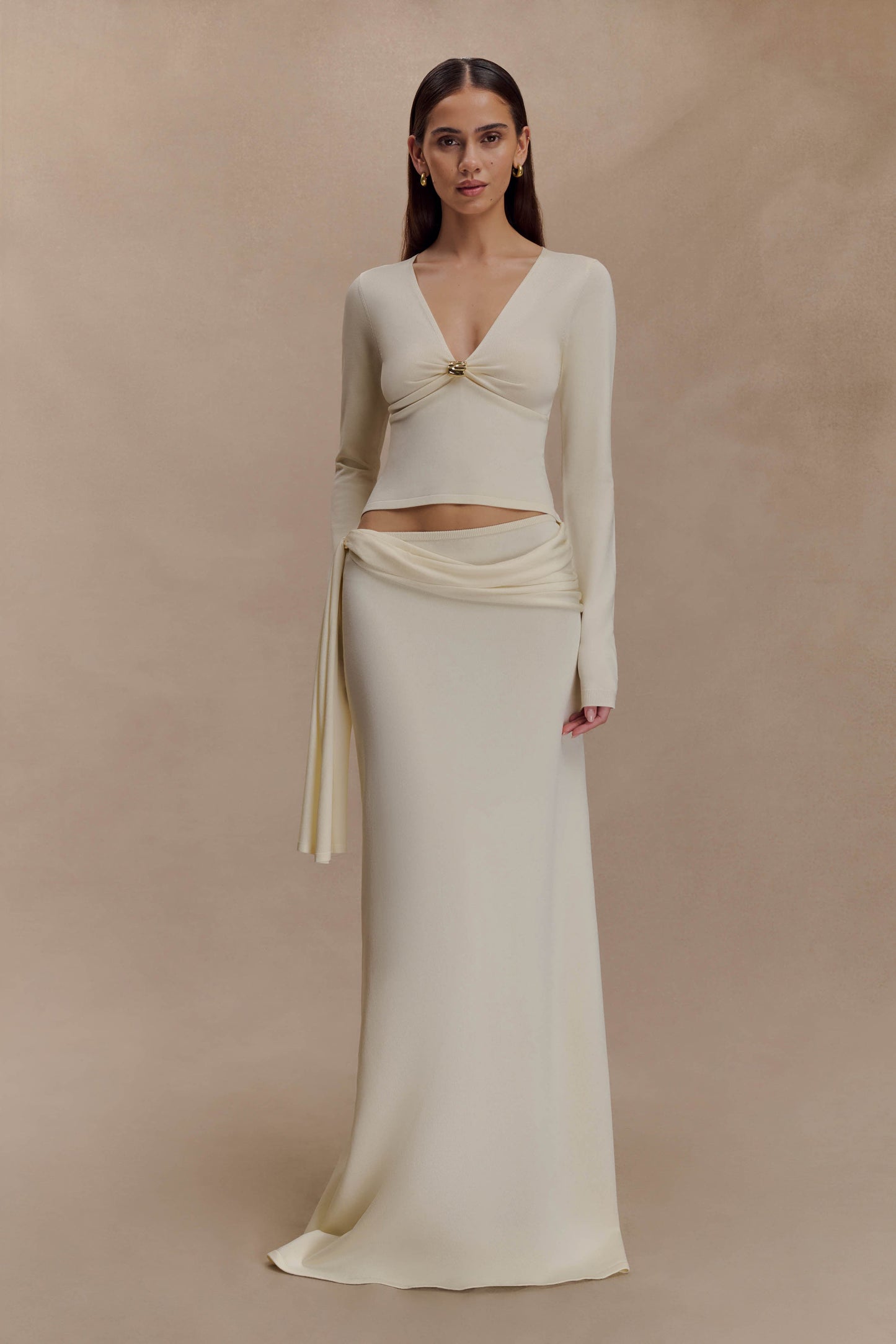 Miraby Front Ruched Knit Long Sleeve Top - Ivory