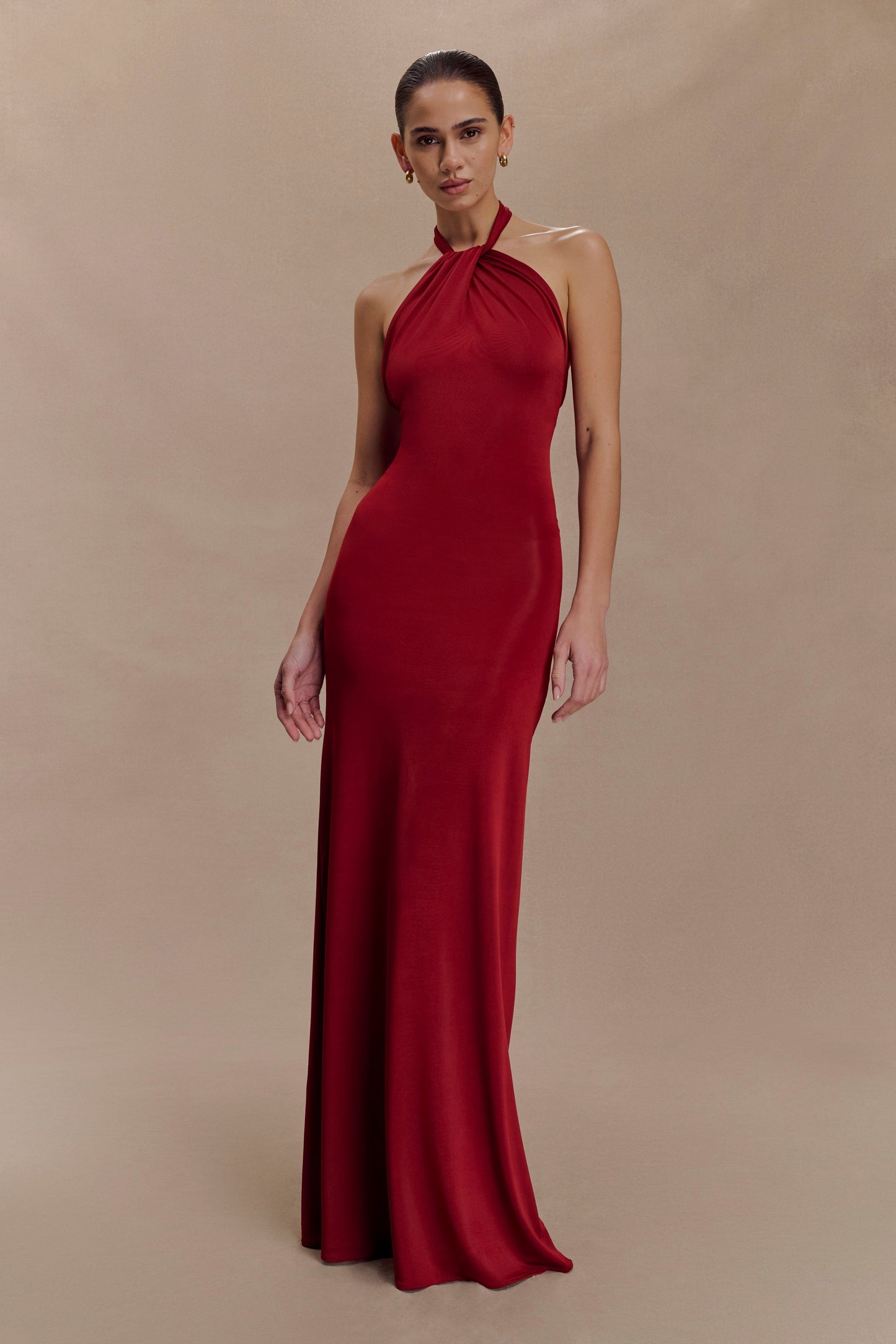 Elyna Slinky Halter Maxi Dress - Deep Red