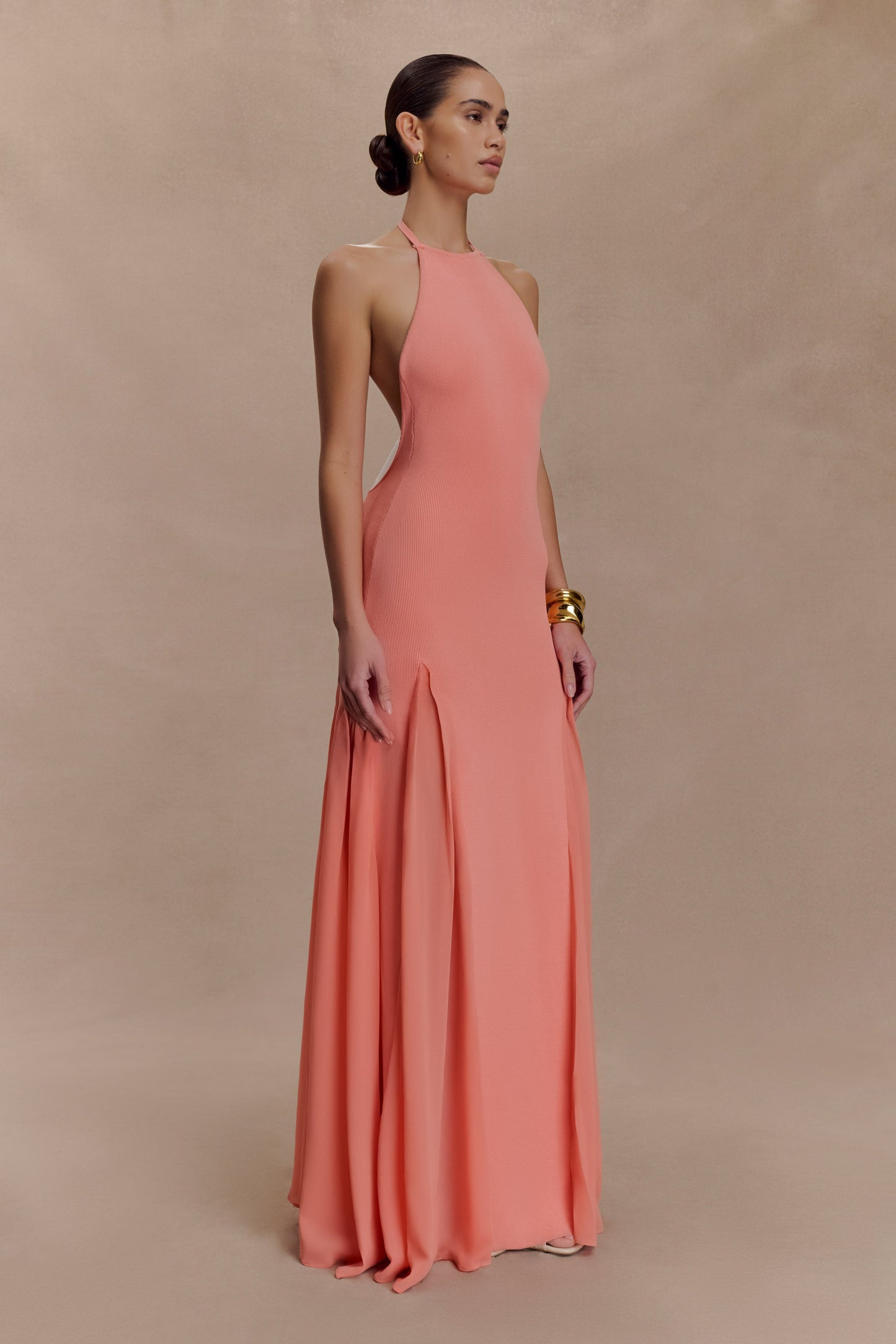 Soleil Knit And Mesh Halter Maxi Dress - Coral