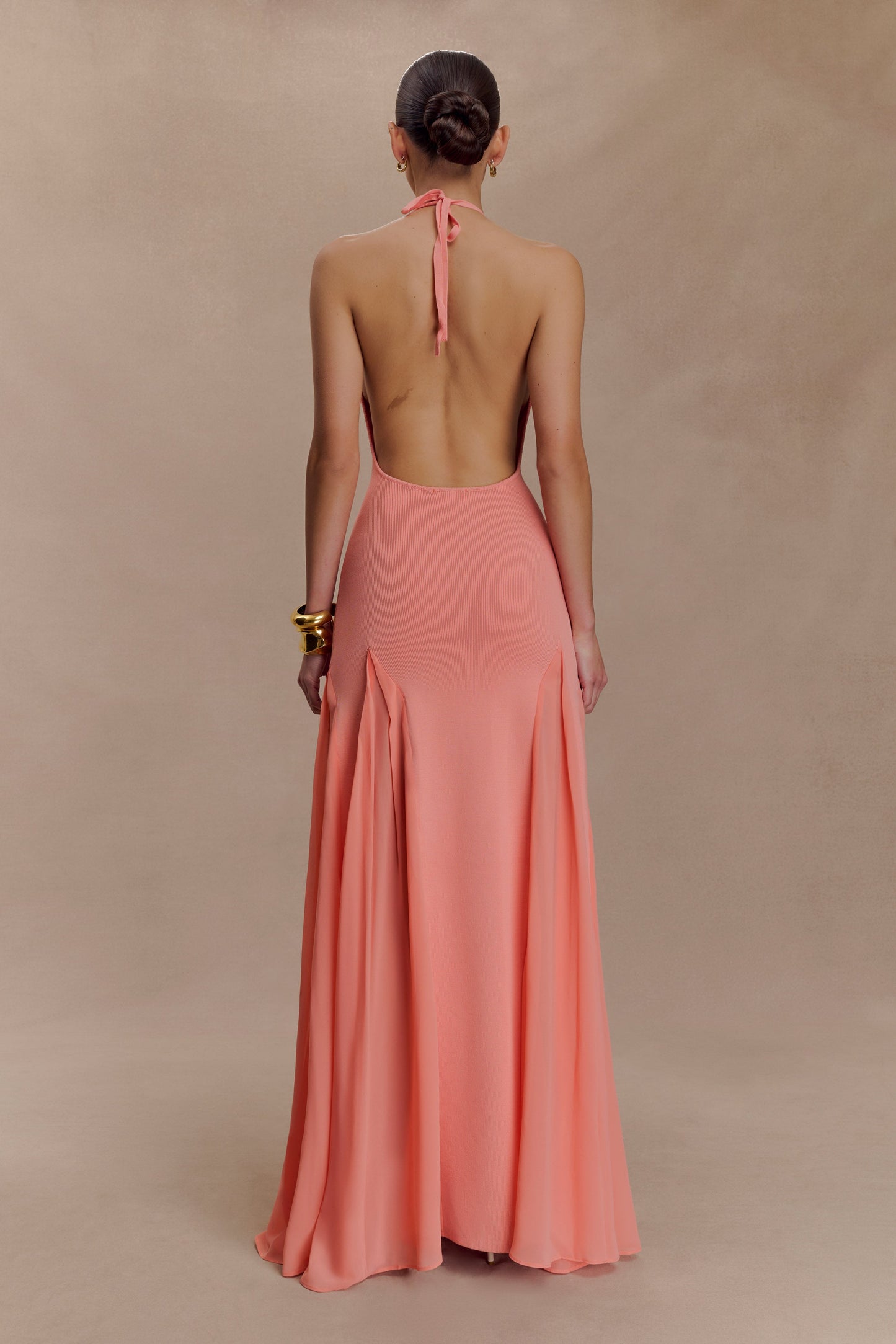 Soleil Knit And Mesh Halter Maxi Dress - Coral