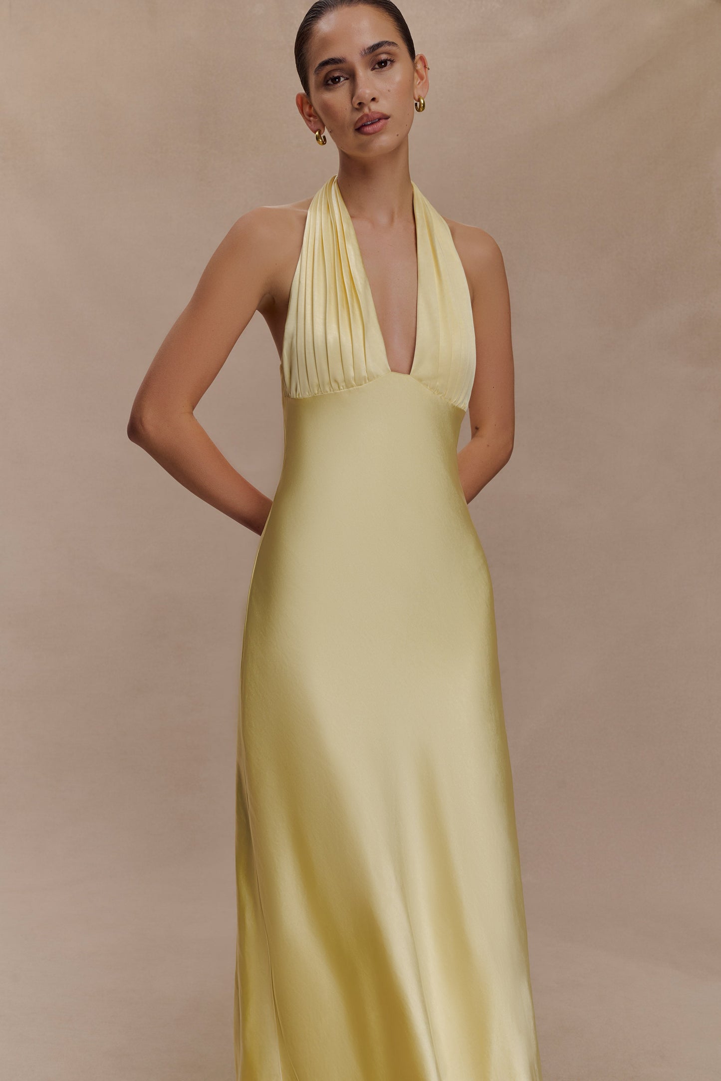 Alice Satin Halter Maxi Dress - Lemon
