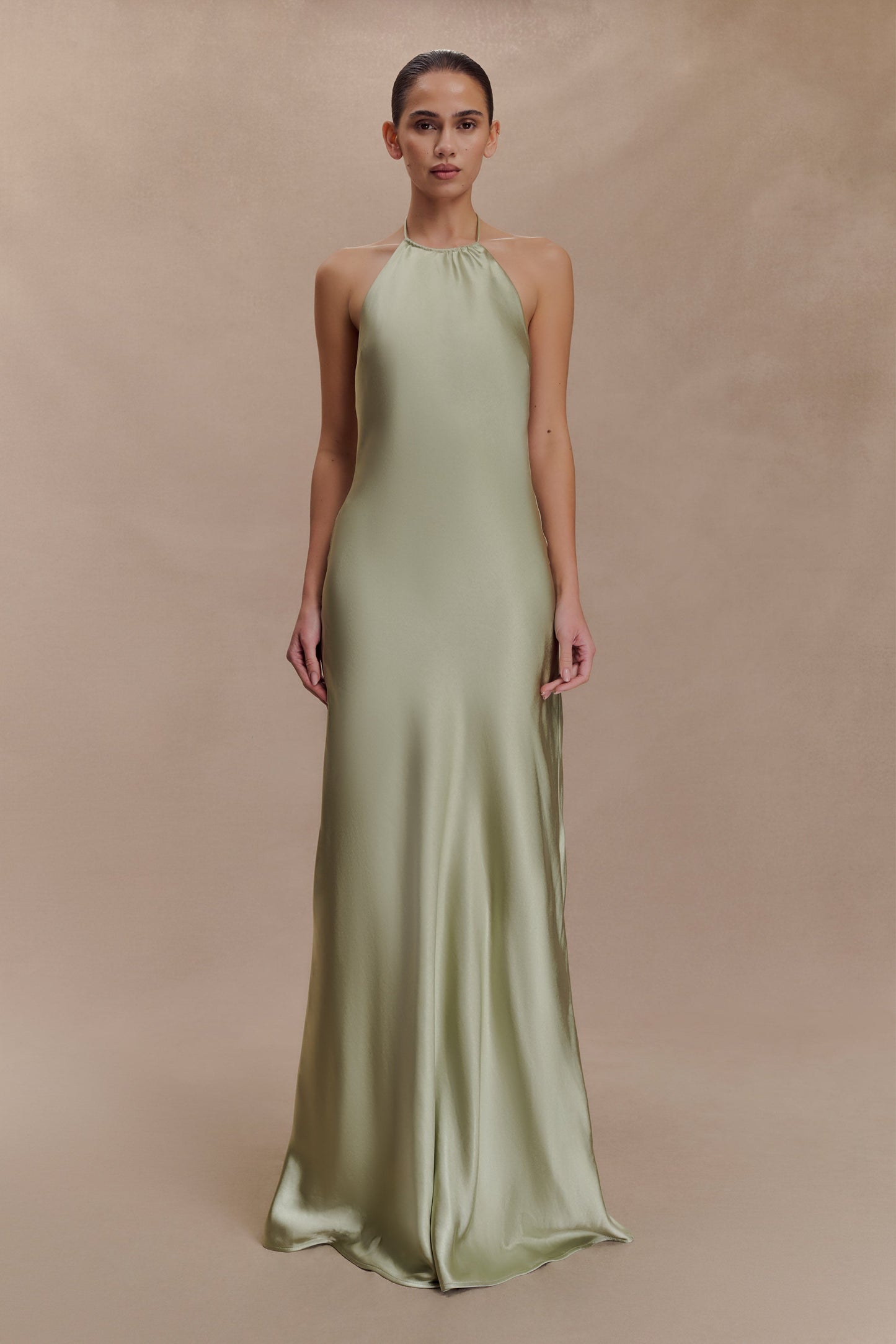 Bella Satin Halter Maxi Dress - Sage