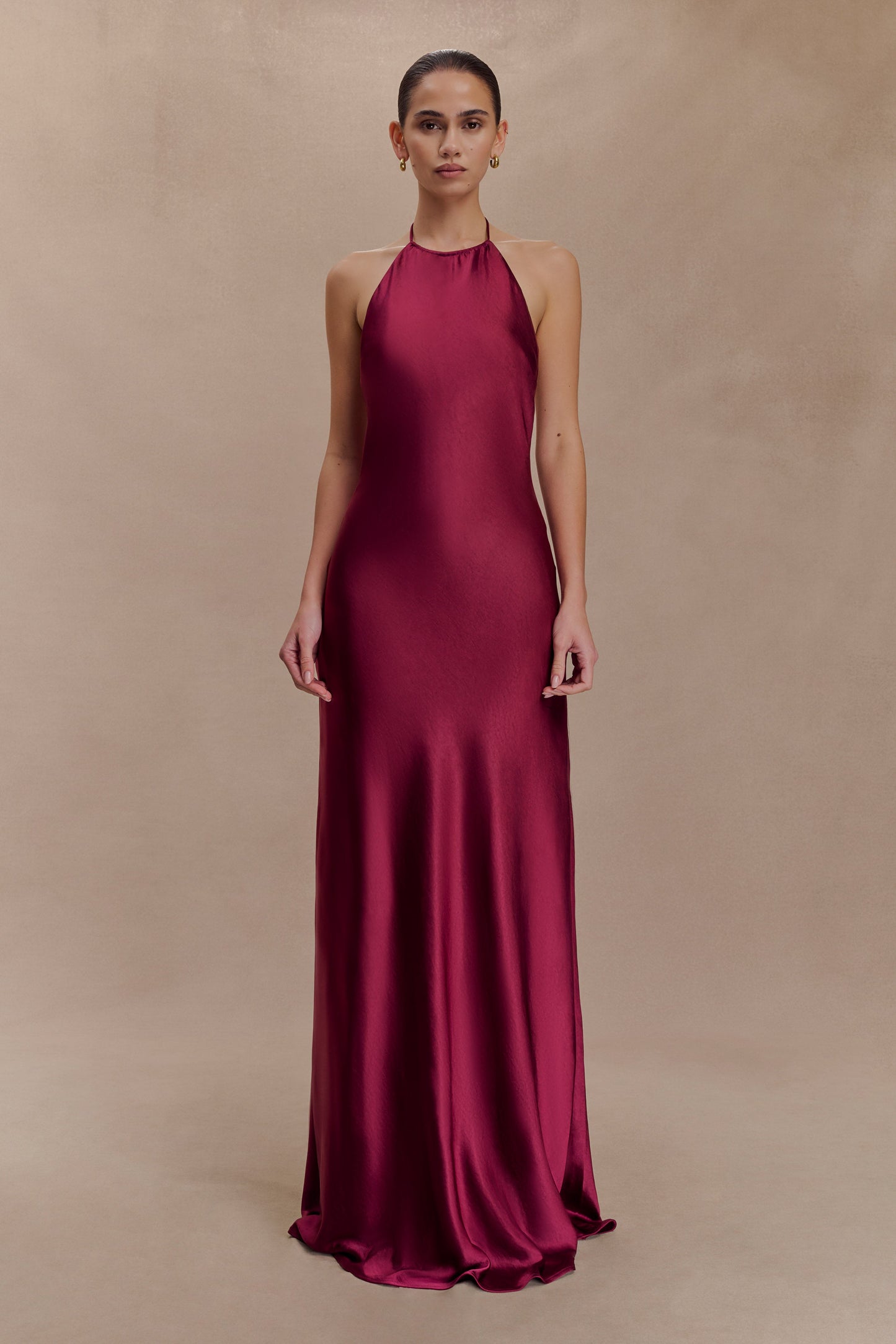 Bella Satin Halter Maxi Dress - Mahogany