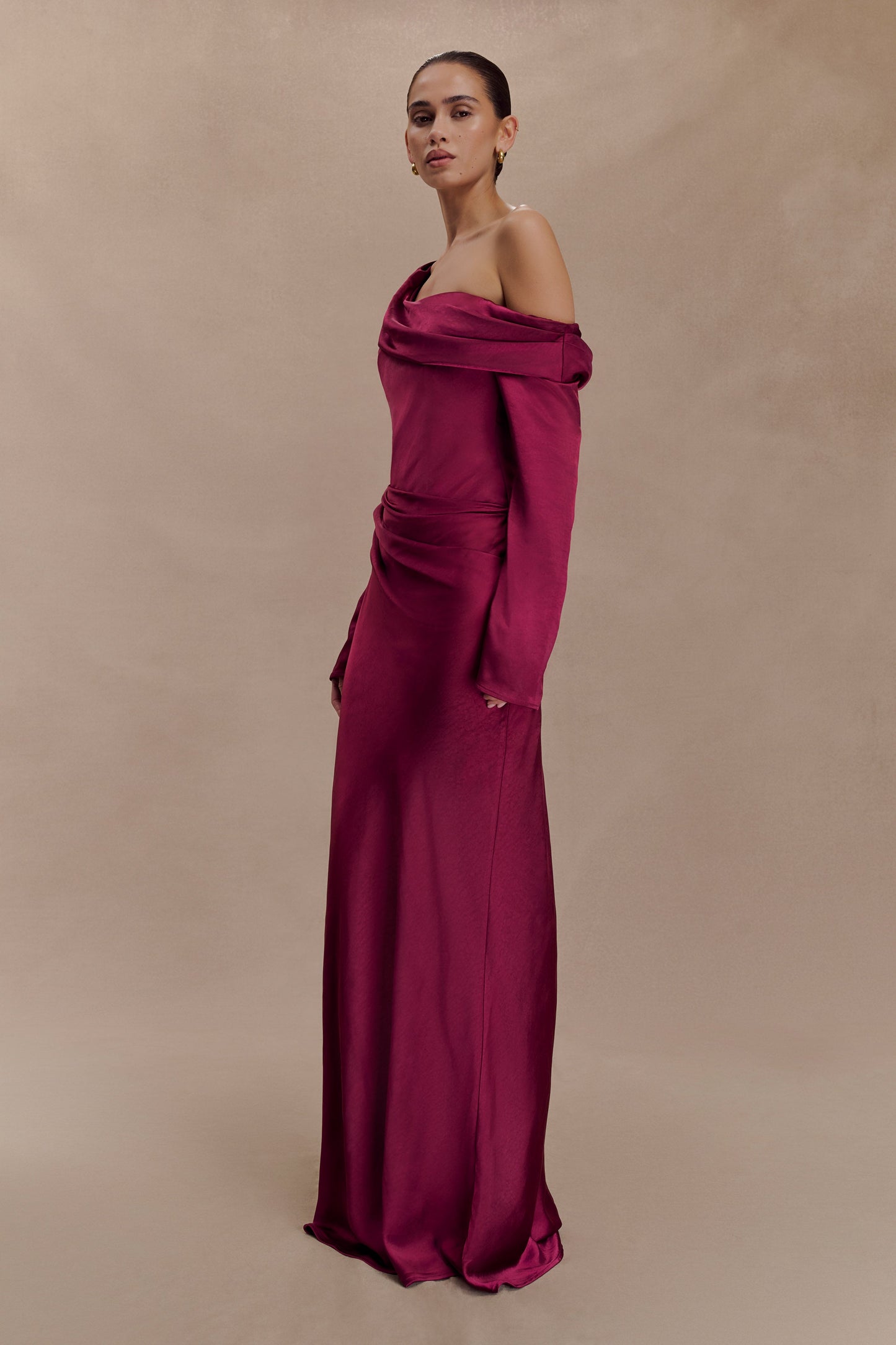 Iris Long Sleeve Satin Maxi Dress - Mahogany