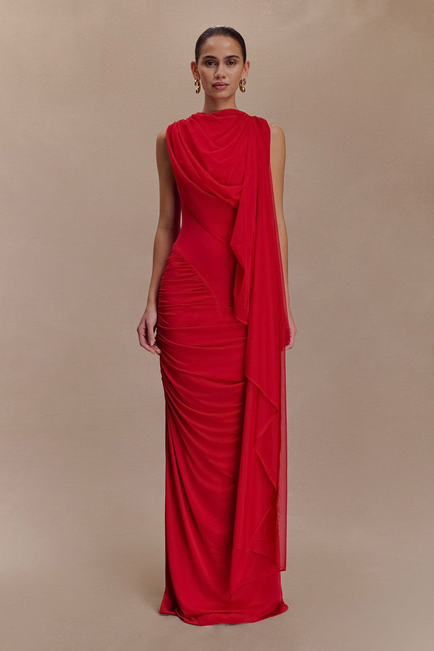 Amandine Ruched Slinky Maxi Dress - Ruby