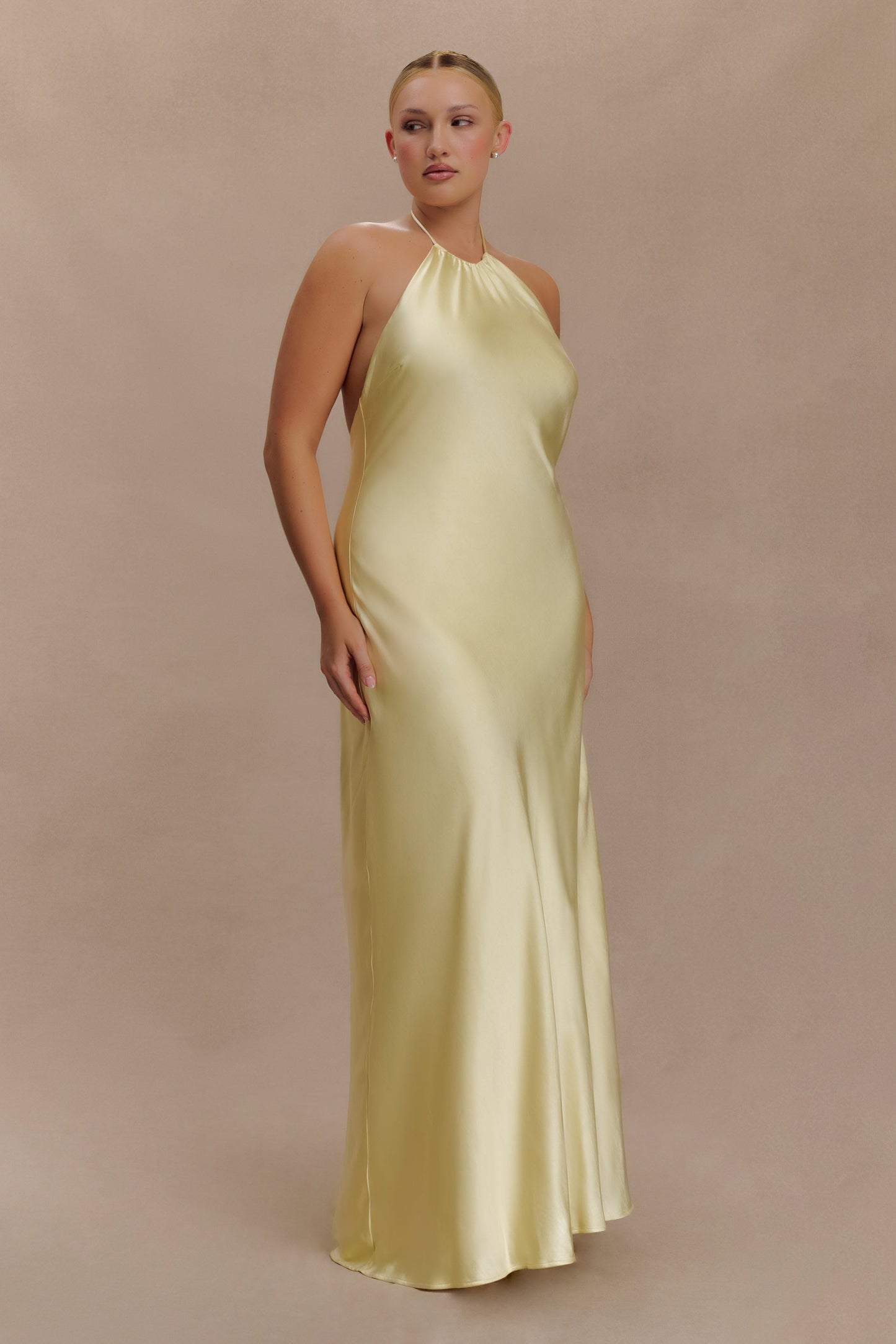 Bella Satin Halter Maxi Dress - Lemon