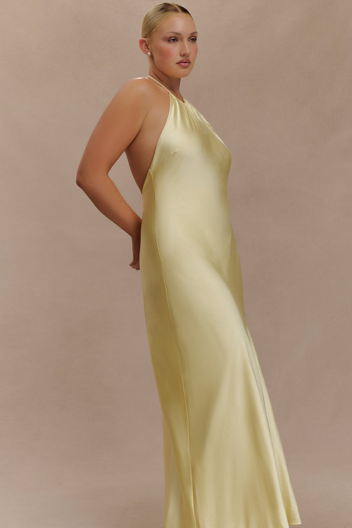Bella Satin Halter Maxi Dress - Lemon