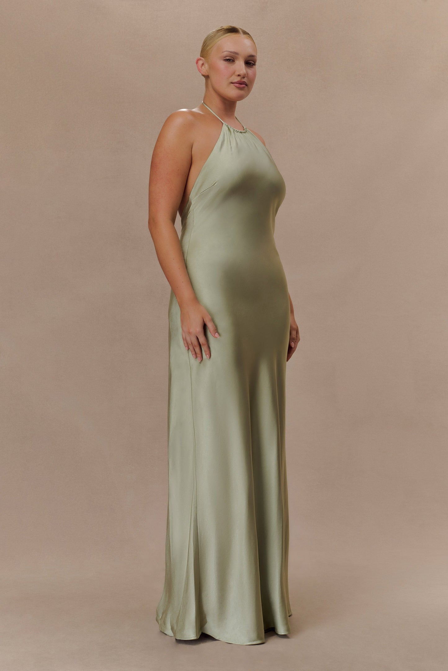 Bella Satin Halter Maxi Dress - Sage