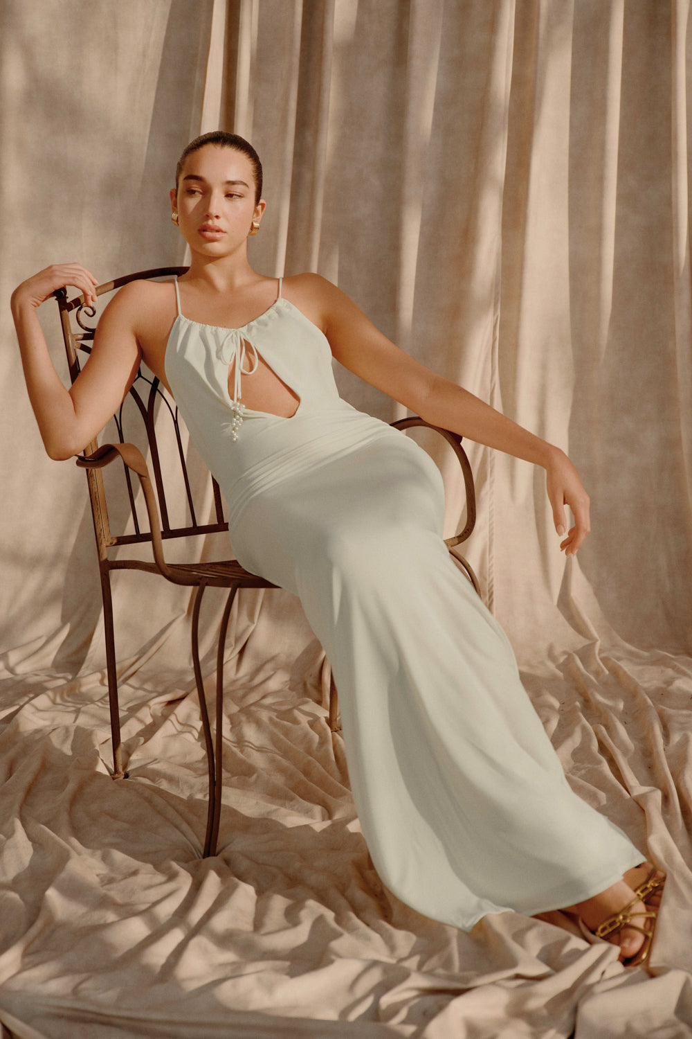 Beryl Slinky Maxi Dress With Pearls - Ivory | MESHKI UK Beryl Slinky Maxi Dress With Pearls - Ivory | MESHKI UK