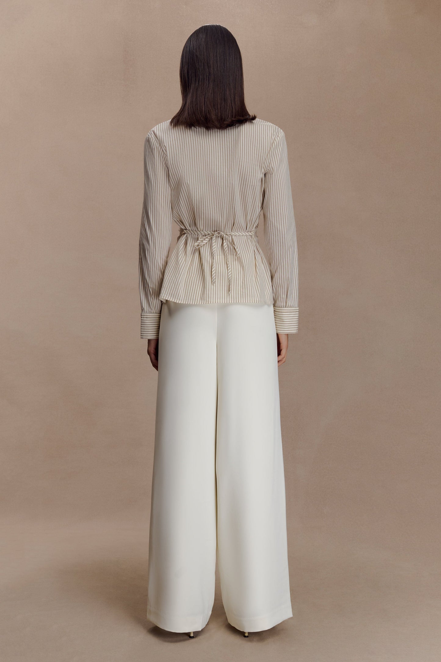 Millie Tie Back Cotton Shirt - Beige Pinstripe