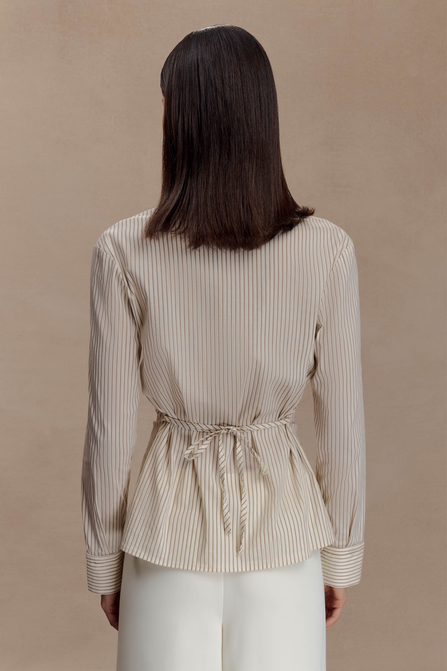 Millie Tie Back Cotton Shirt - Beige Pinstripe